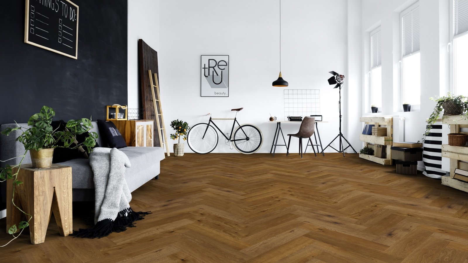 Milieubild Junges Wohnzimmer mit Sofa und Rennrad - Thede & Witte 52MSÖENF15EI65