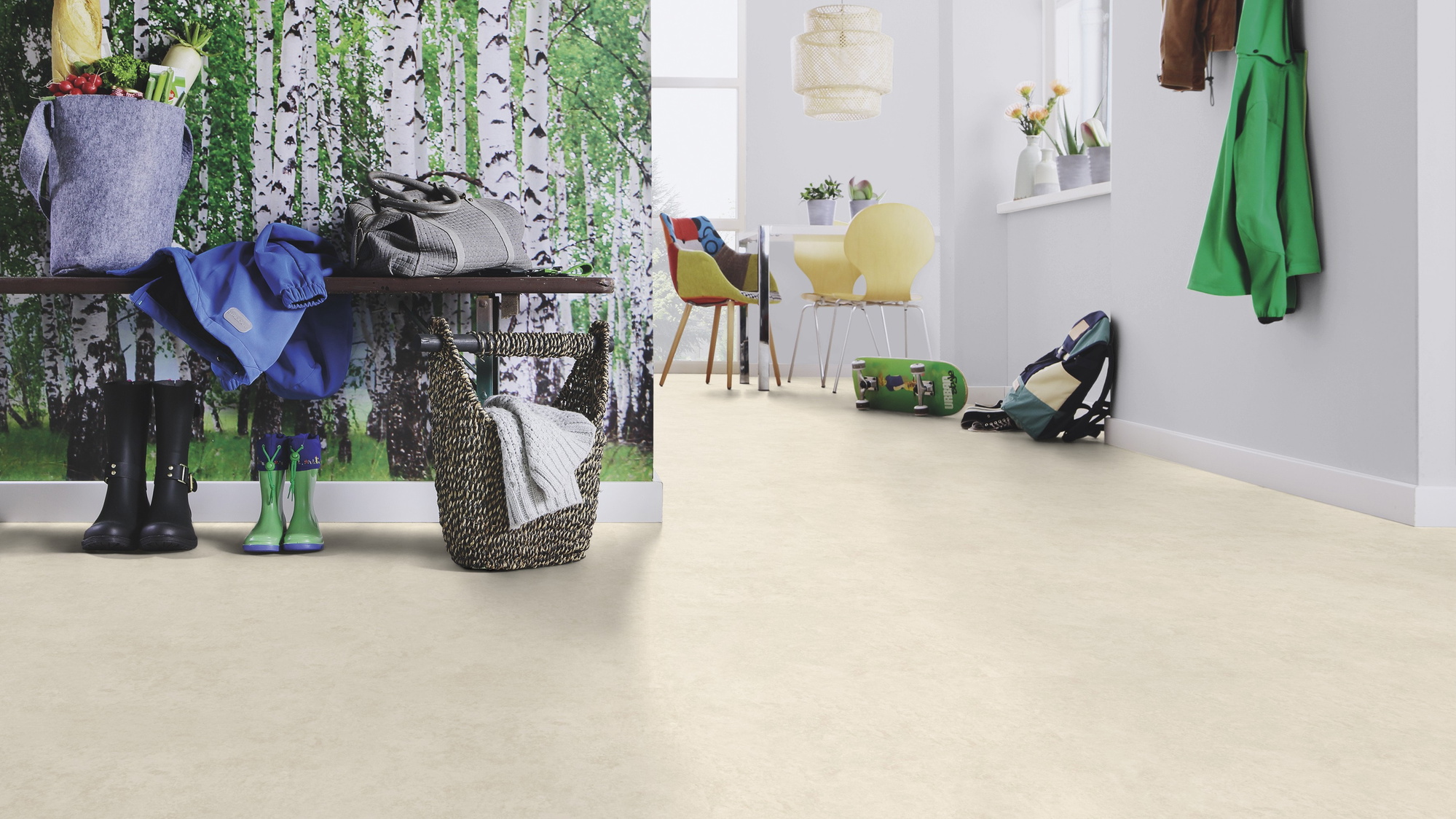Milieubild Esszimmer mit Flur und Sitzbank - wineo Klebe-Bioboden PURLINE wineo 1200 stone XL This is Theo Milieubild Esszimmer mit Flur und Sitzbank - wineo PL115R