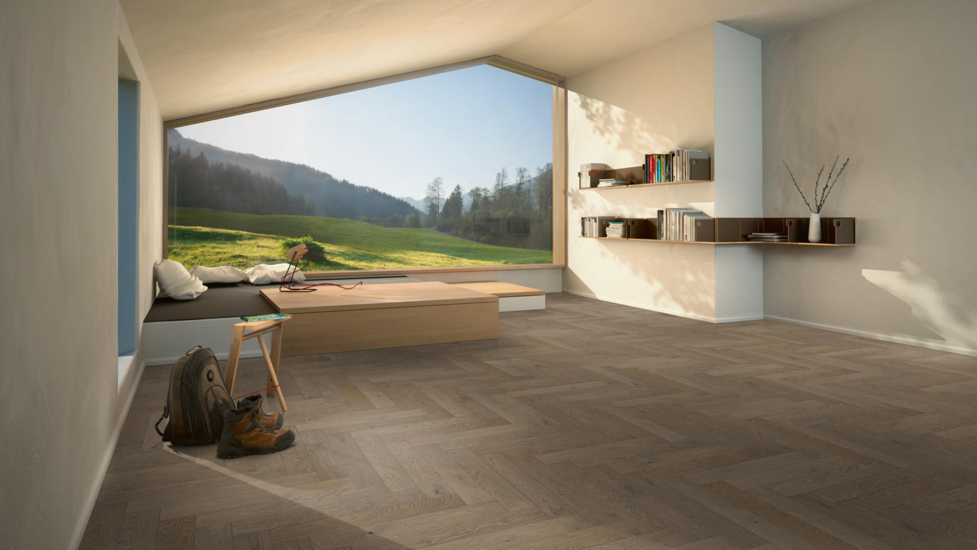 Milieubild Moderne Hütte mit Blick in die Natur - Parador Parkett Trendtime 3 Eiche Chalet grau Milieubild Moderne Hütte mit Blick in die Natur - Parador 1748885