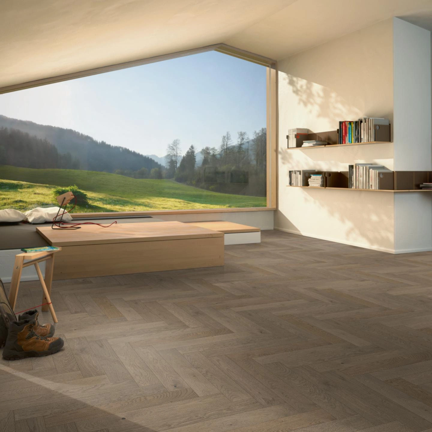 Milieubild Moderne Hütte mit Blick in die Natur - Parador Parkett Trendtime 3 Eiche Chalet grau Milieubild Moderne Hütte mit Blick in die Natur - Parador 1748885