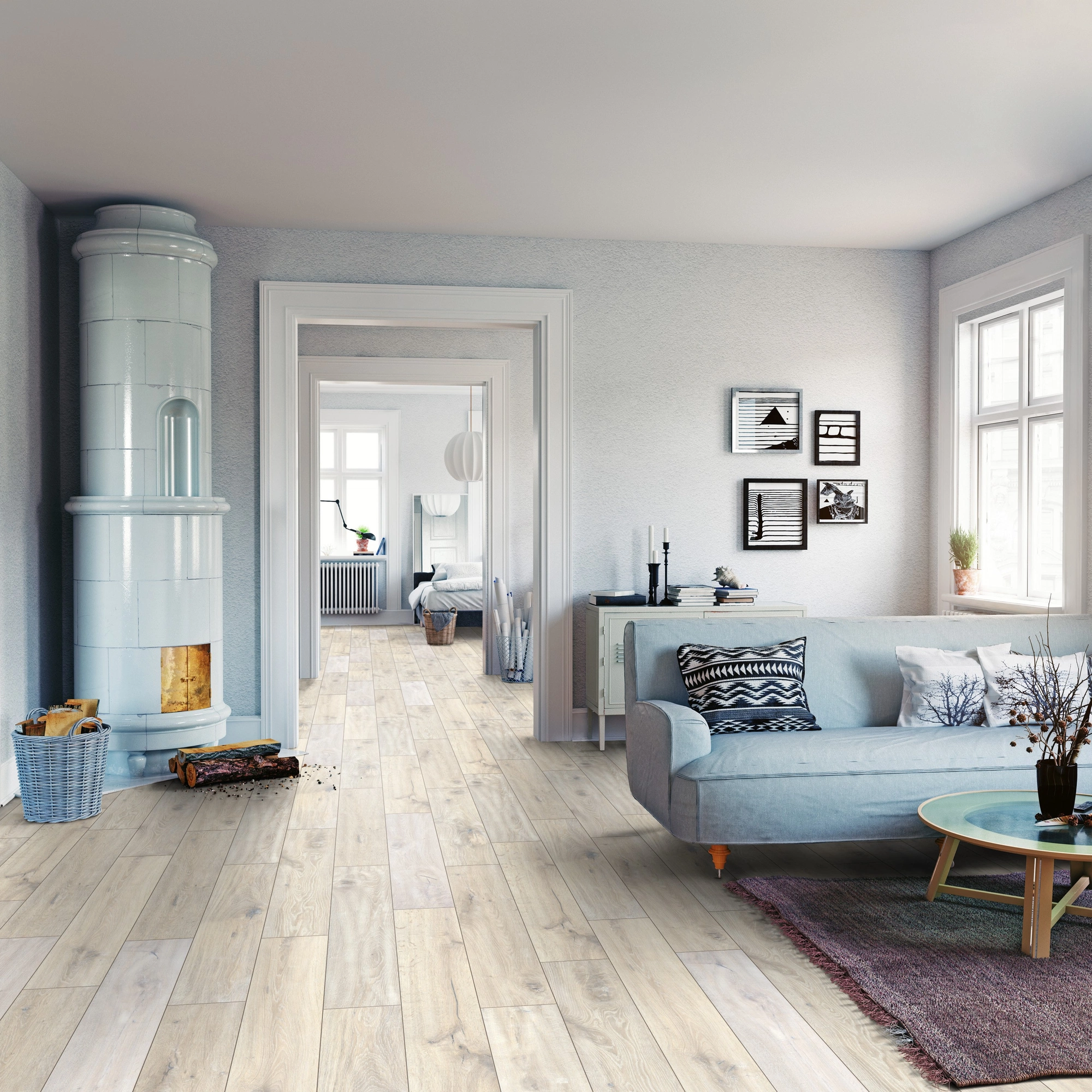 Milieubild Wohnzimmer mit Sofa und Kachelofen - ter Hürne Laminat Classic Edition Eiche Ice Factory Milieubild Wohnzimmer mit Sofa und Kachelofen - ter Hürne 1101021836