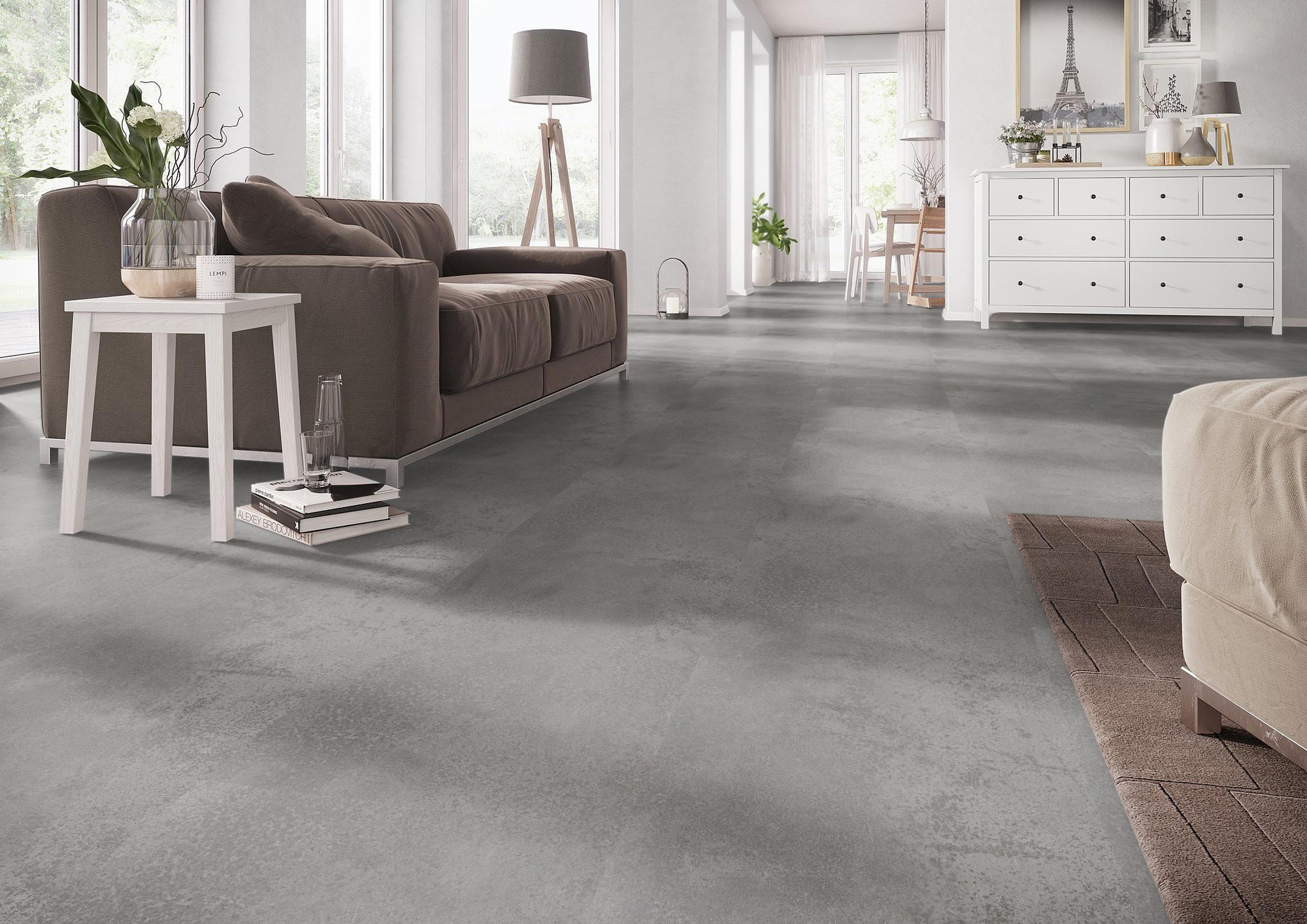 Milieubild Wohnzimmer mit Couch - nexflor Klebe-Vinyl Oreios Collection Pelion Milieubild Wohnzimmer mit Couch - nexflor NXF-51030-004