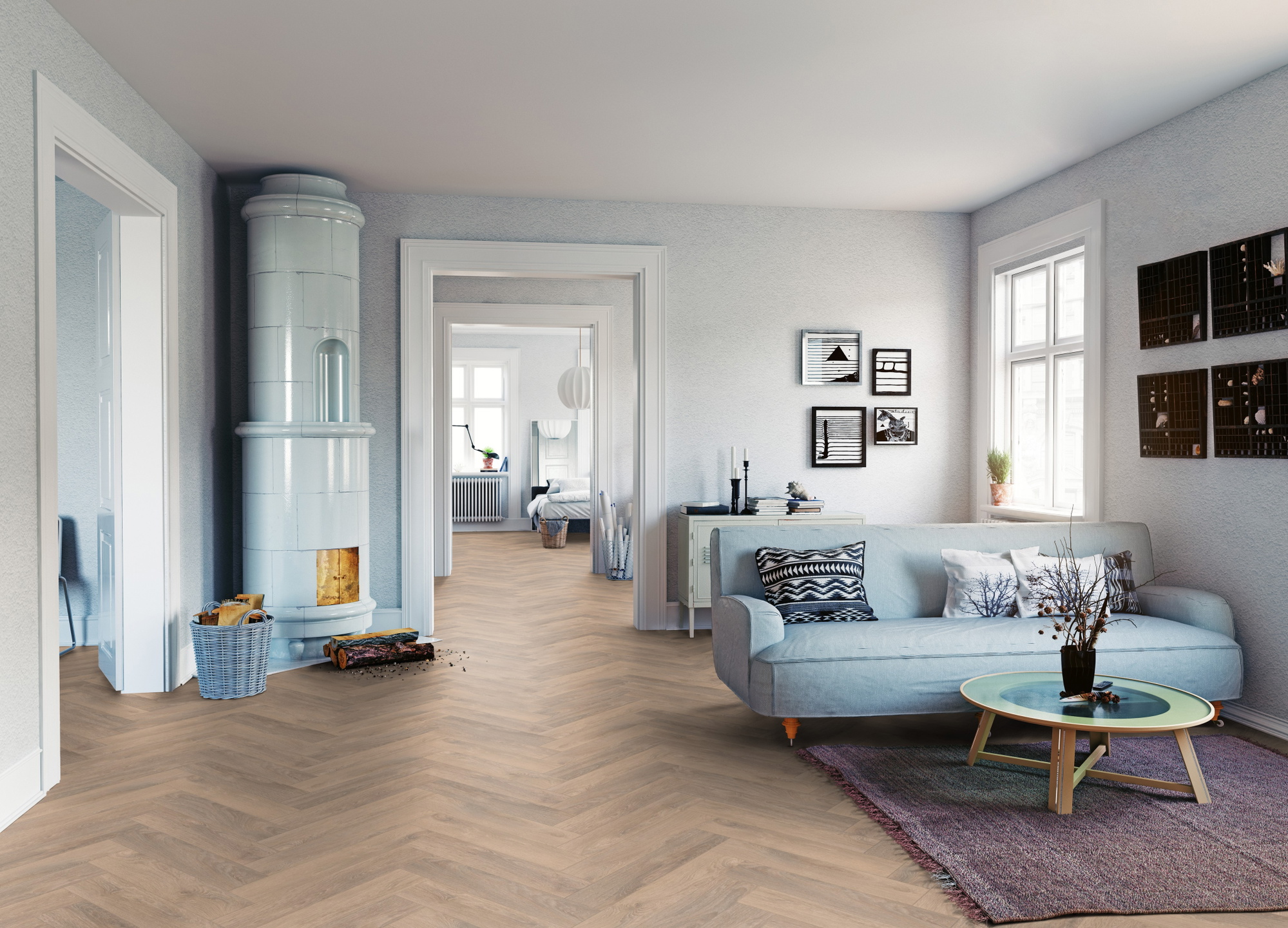 Milieubild Wohnzimmer mit Sofa und Kachelofen - ter Hürne Laminat Herringbone Edition Eiche Chalet Milieubild Wohnzimmer mit Sofa und Kachelofen - ter Hürne 1101021853