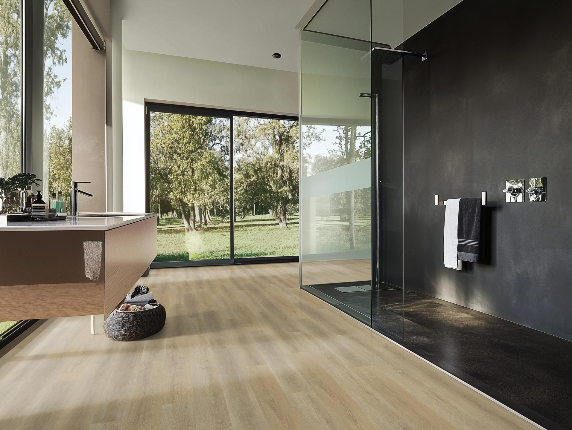 Milieubild Modernes Badezimmer mit bodentiefer Dusche - nexflor Rigid Klick-Vinyl Apollo Click Collection Samos Oak Milieubild Modernes Badezimmer mit bodentiefer Dusche - nexflor NXF-60030-015