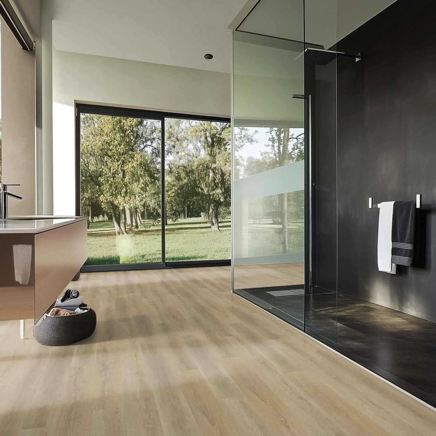 Milieubild Modernes Badezimmer mit bodentiefer Dusche - nexflor Rigid Klick-Vinyl Apollo Click Collection Samos Oak Milieubild Modernes Badezimmer mit bodentiefer Dusche - nexflor NXF-60030-015