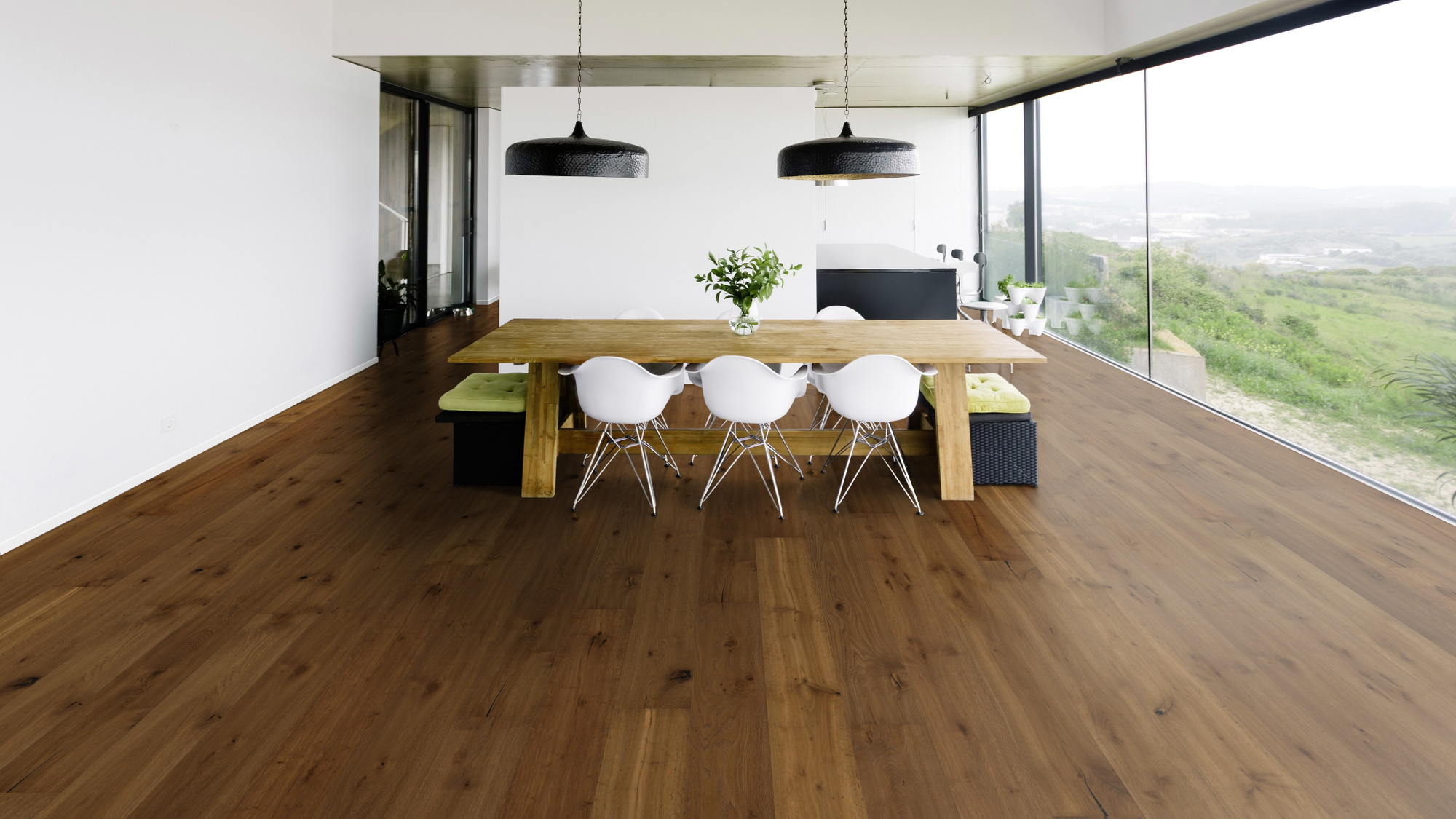 Milieubild Modernes Esszimmer mit Blick in die Natur - Bennett & Jones Parkett Shire Landscapes Oak No.29 Blackdown Hills Milieubild Modernes Esszimmer mit Blick in die Natur - Bennett & Jones 1148011016