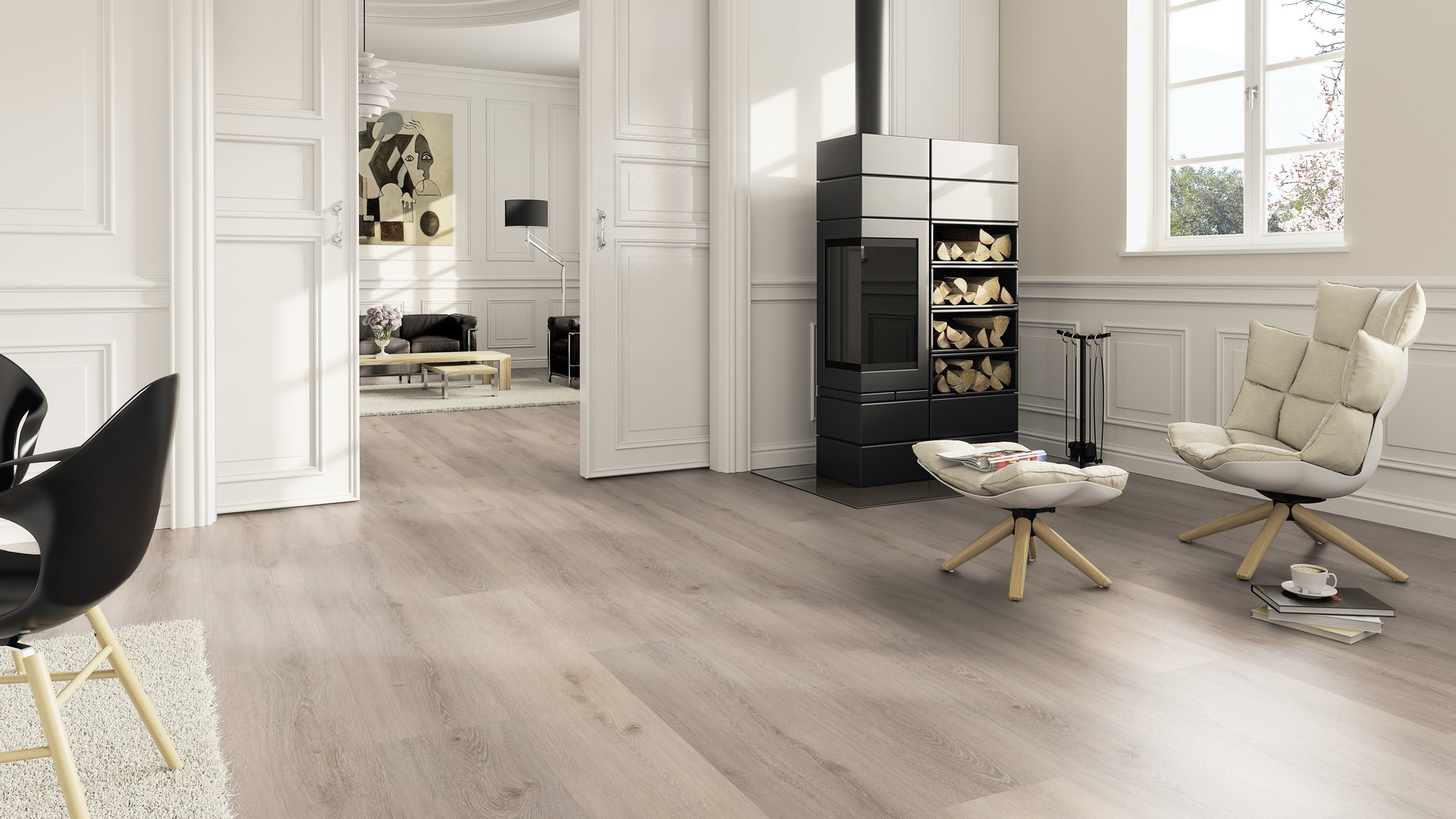 Milieubild Wohnzimmer im Landhaus-Stil mit Kamin - ter Hürne Klebe-Vinyl Pro Classic Edition Eiche Brügge Milieubild Wohnzimmer im Landhaus-Stil mit Kamin - ter Hürne 1101210428