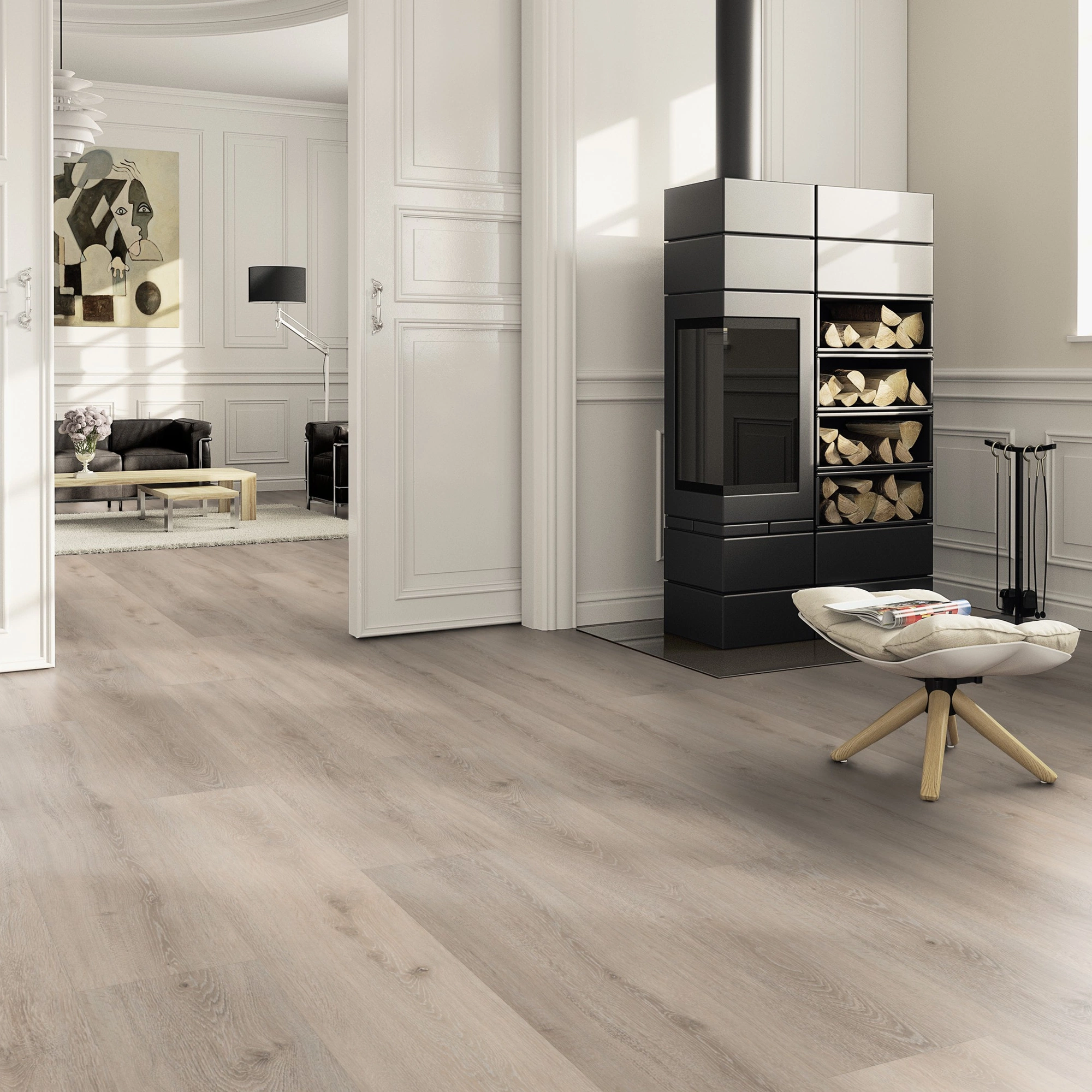 Milieubild Wohnzimmer im Landhaus-Stil mit Kamin - ter Hürne Klebe-Vinyl Pro Classic Edition Eiche Brügge Milieubild Wohnzimmer im Landhaus-Stil mit Kamin - ter Hürne 1101210428