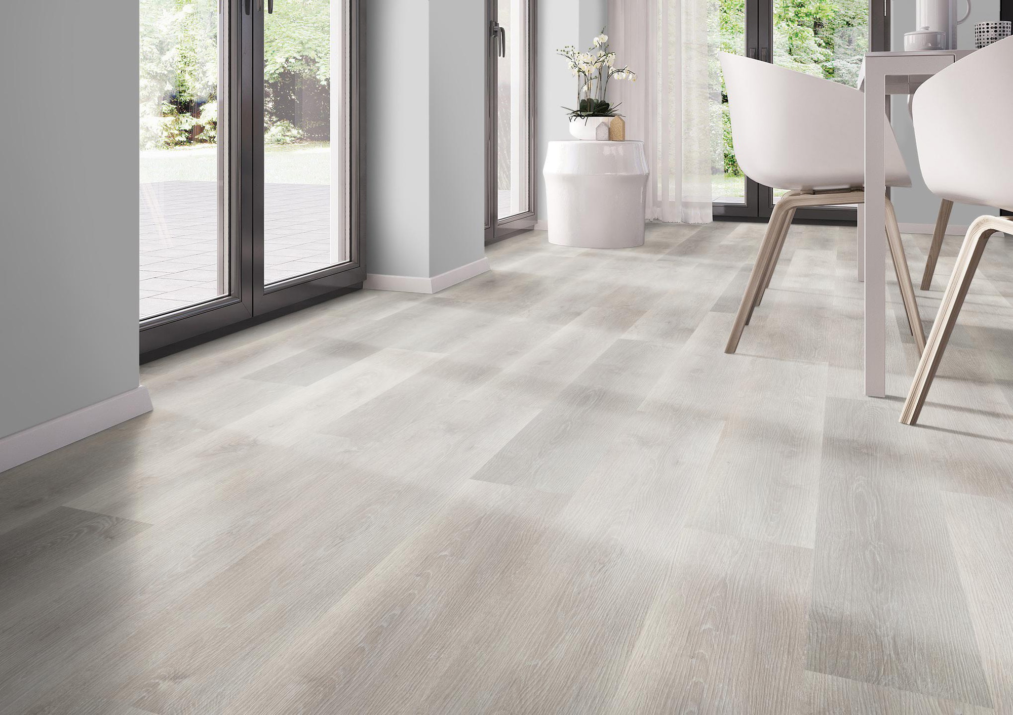 Milieubild Modernes Esszimmer - bodentiefe Perspektive - nexflor Rigid Klick-Vinyl Apollo Click Collection Ephesus Oak Milieubild Modernes Esszimmer - bodentiefe Perspektive - nexflor NXF-60030-009