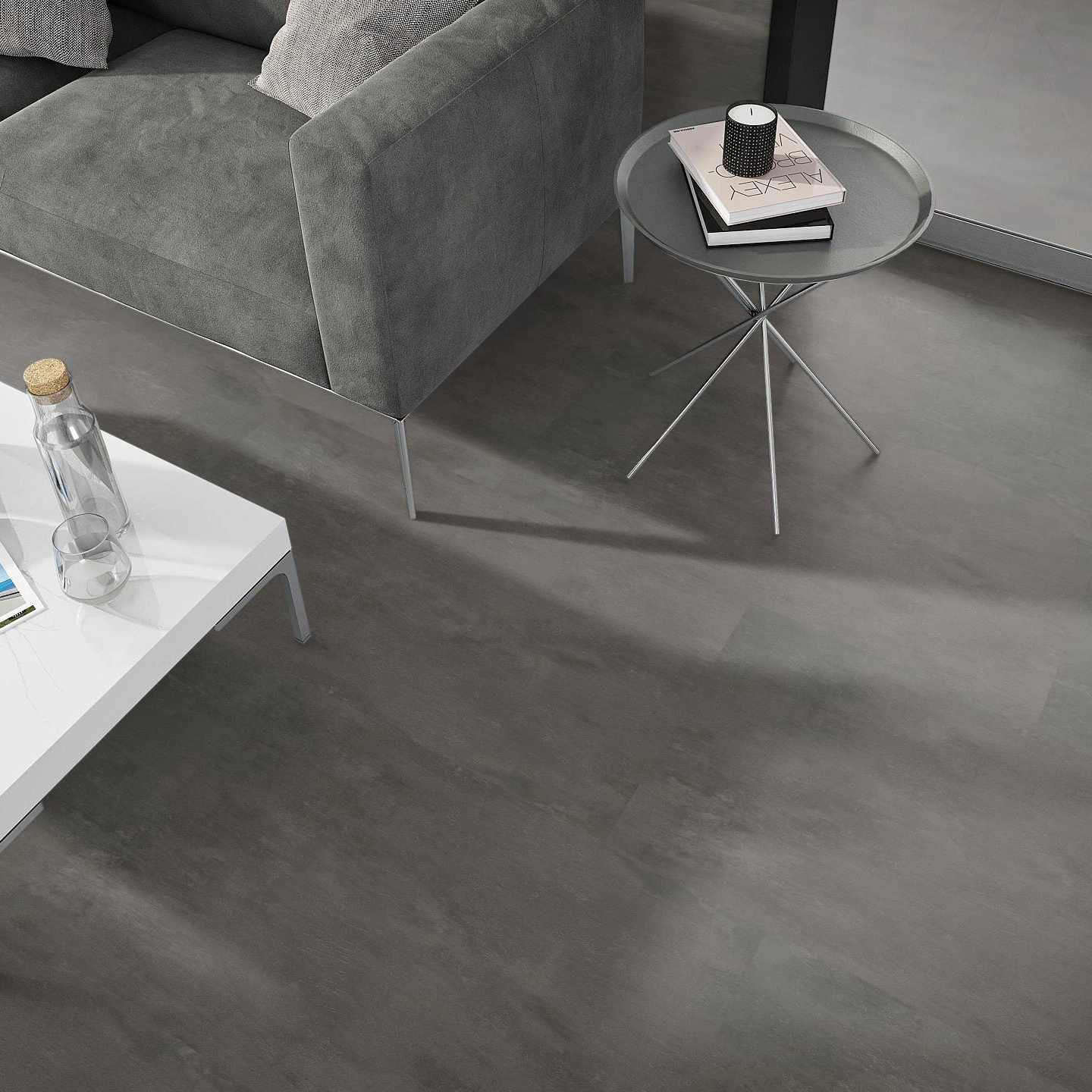 Milieubild Wohnzimmer - Sofa mit Beistelltisch und Glastür - nexflor Klebe-Vinyl Oreios Collection Athos Milieubild Wohnzimmer - Sofa mit Beistelltisch und Glastür - nexflor NXF-51030-002
