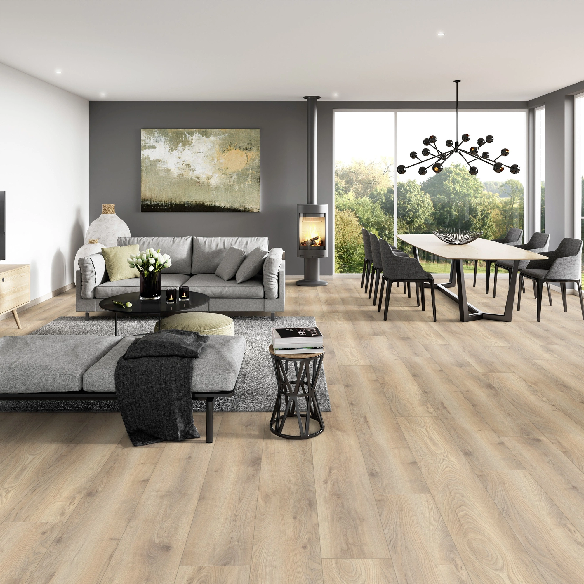 Milieubild Modernes Wohnzimmer mit Essbereich - ter Hürne HDF Klick-Designboden Dureco Silent Grand Edition Eiche Hawaii Milieubild Modernes Wohnzimmer mit Essbereich - ter Hürne 1101330010