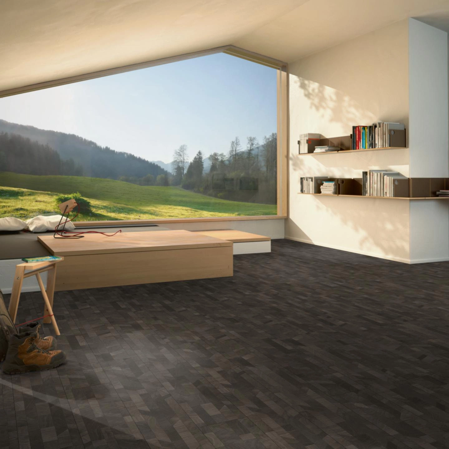 Milieubild Moderne Hütte mit Blick in die Natur - Parador HDF Klick-Designboden Modular ONE Cross Cut black Milieubild Moderne Hütte mit Blick in die Natur - Parador 1744553