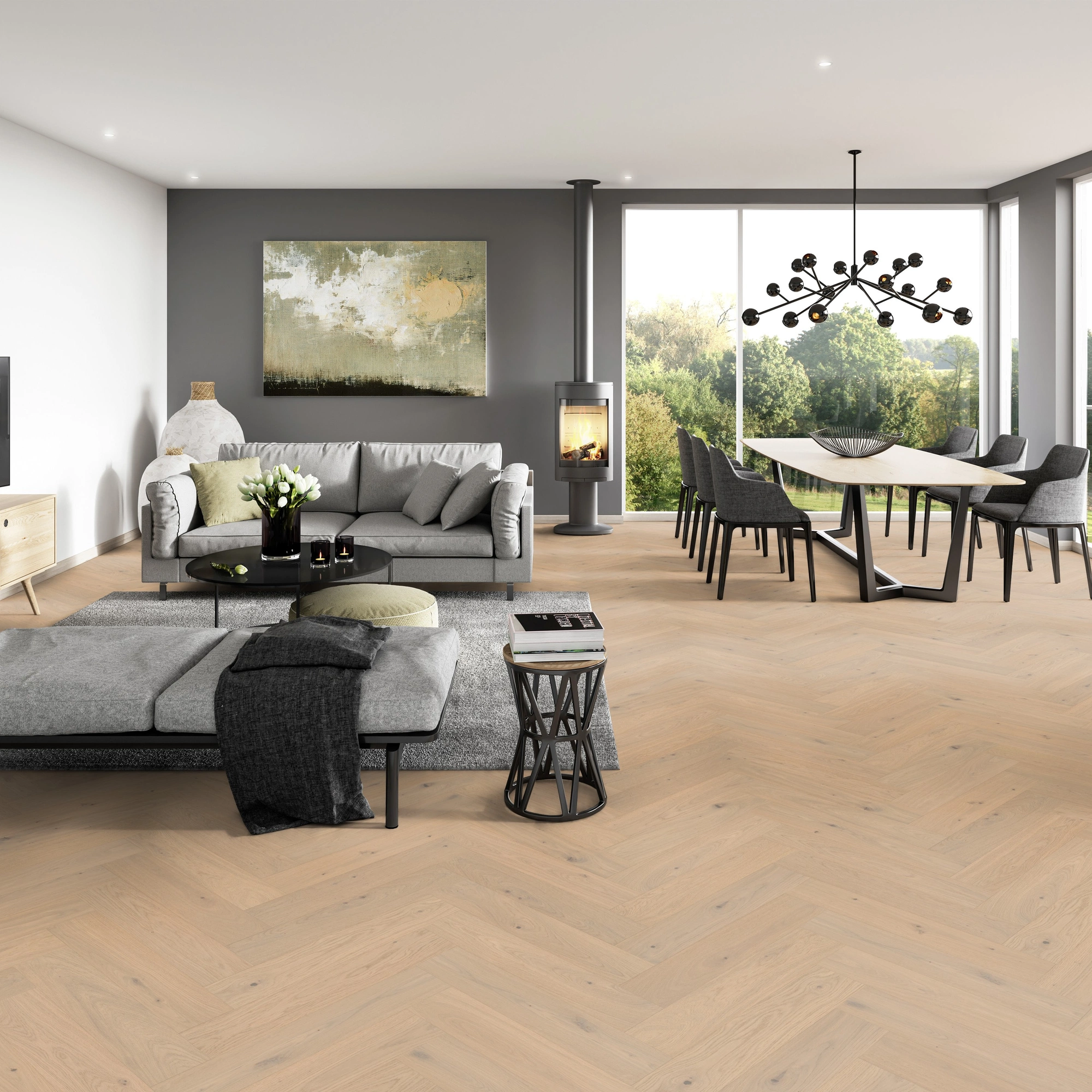 Milieubild Modernes Wohnzimmer mit Essbereich - ter Hürne Parkett Estate Collection OLIO Eiche Bosa Milieubild Modernes Wohnzimmer mit Essbereich - ter Hürne 1101312671