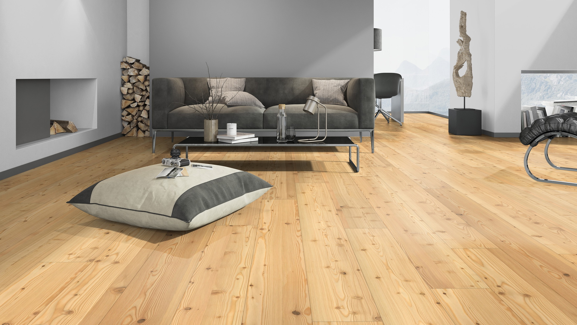 Milieubild Modernes Wohnzimmer mit Kamin - Admonter Parkett Stammbaum Kollektion Lärche natur Milieubild Modernes Wohnzimmer mit Kamin - Admonter 118345