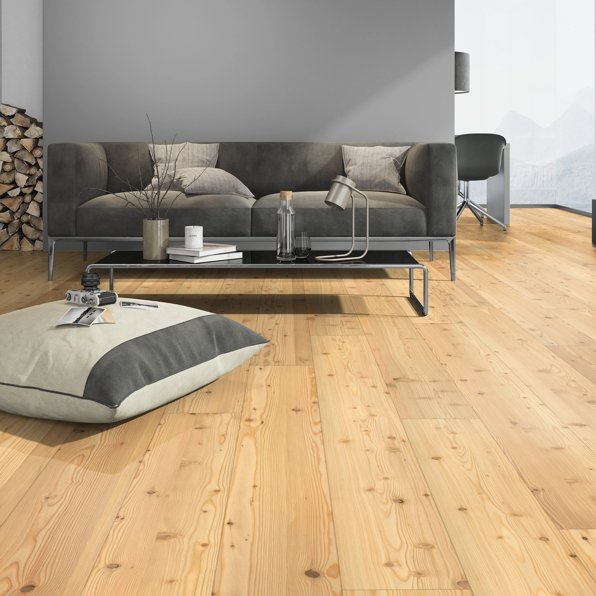 Milieubild Modernes Wohnzimmer mit Kamin - Admonter Parkett Stammbaum Kollektion Lärche natur Milieubild Modernes Wohnzimmer mit Kamin - Admonter 118345