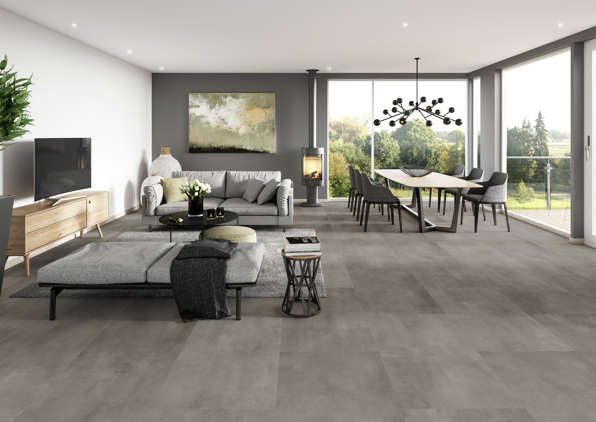 Milieubild Modernes Wohnzimmer mit Essbereich - ter Hürne Klebe-Designboden Avatara Pro Stone Edition Stein Alasco Milieubild Modernes Wohnzimmer mit Essbereich - ter Hürne 1101270307