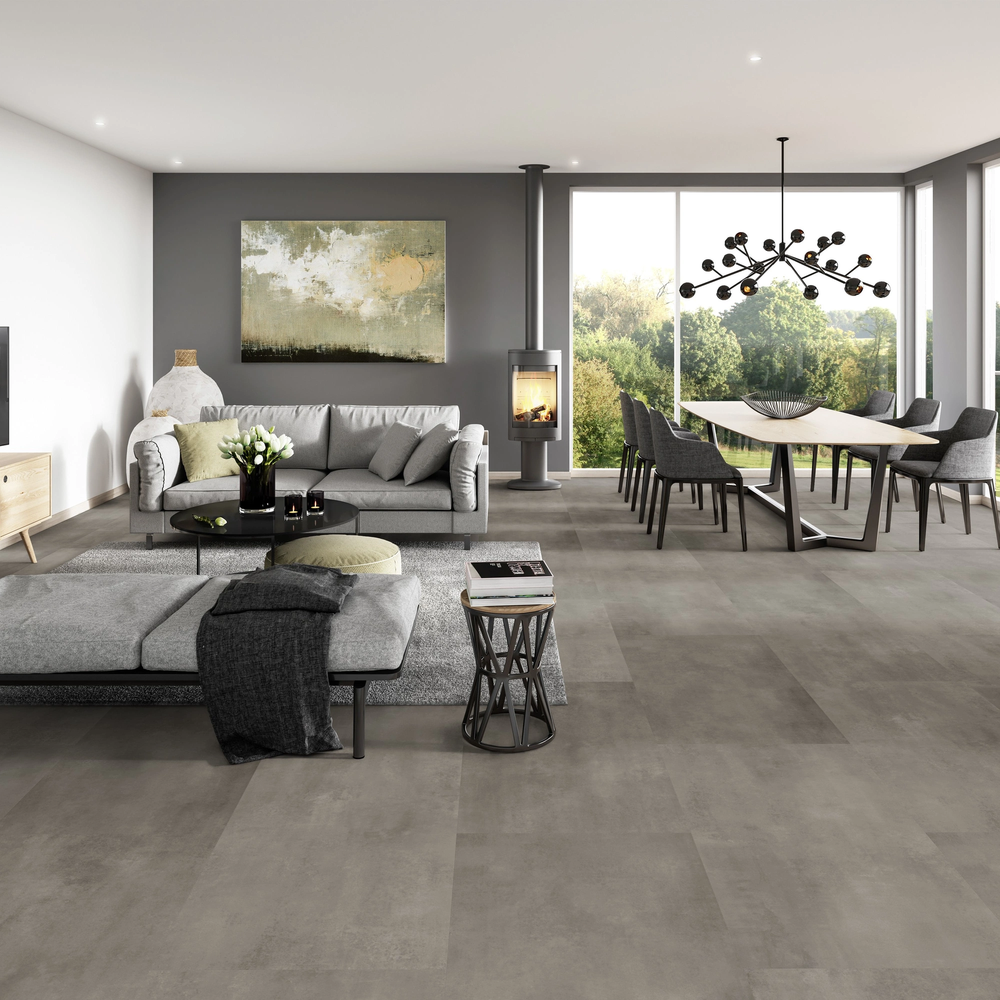 Milieubild Modernes Wohnzimmer mit Essbereich - ter Hürne Klebe-Designboden Avatara Pro Stone Edition Stein Alasco Milieubild Modernes Wohnzimmer mit Essbereich - ter Hürne 1101270307