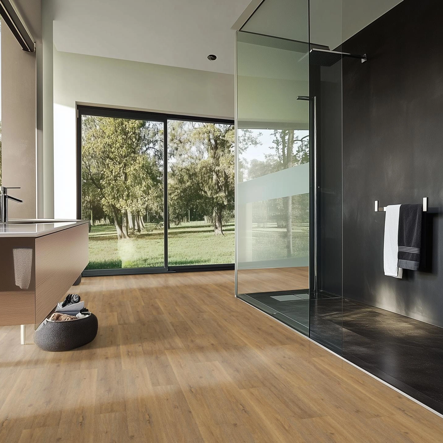 Milieubild Modernes Badezimmer mit bodentiefer Dusche - nexflor Rigid Klick-Vinyl Apollo Click Collection Delphi Oak Milieubild Modernes Badezimmer mit bodentiefer Dusche - nexflor NXF-60030-002
