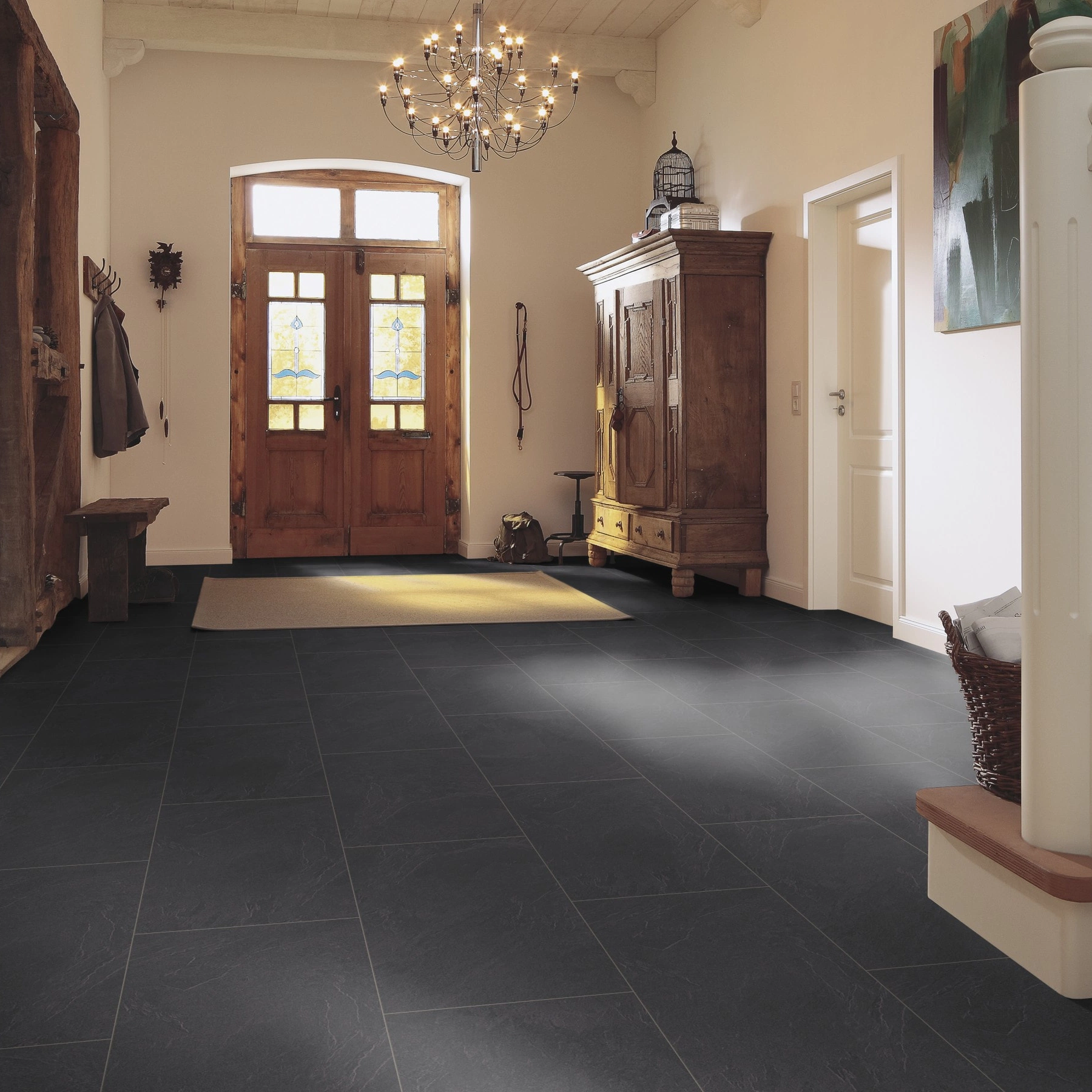 Milieubild Eingangsbereich mit Flur im Landhaus-Stil - MEISTER Laminat LB 150 Schiefer anthrazit Milieubild Eingangsbereich mit Flur im Landhaus-Stil - MEISTER 600003-0857398-06137