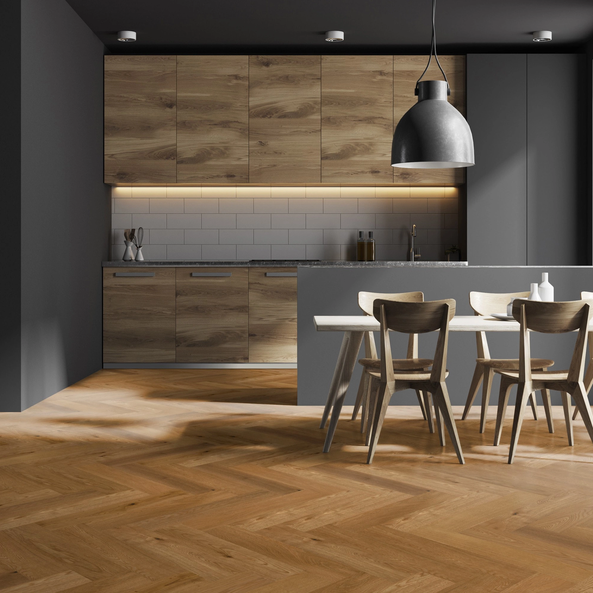 Milieubild Moderne Küche in dunkler Optik mit Essbereich - Thede & Witte Parkett Maxistab Eiche Milieubild Moderne Küche in dunkler Optik mit Essbereich - Thede & Witte 52MSÖNF15EI50