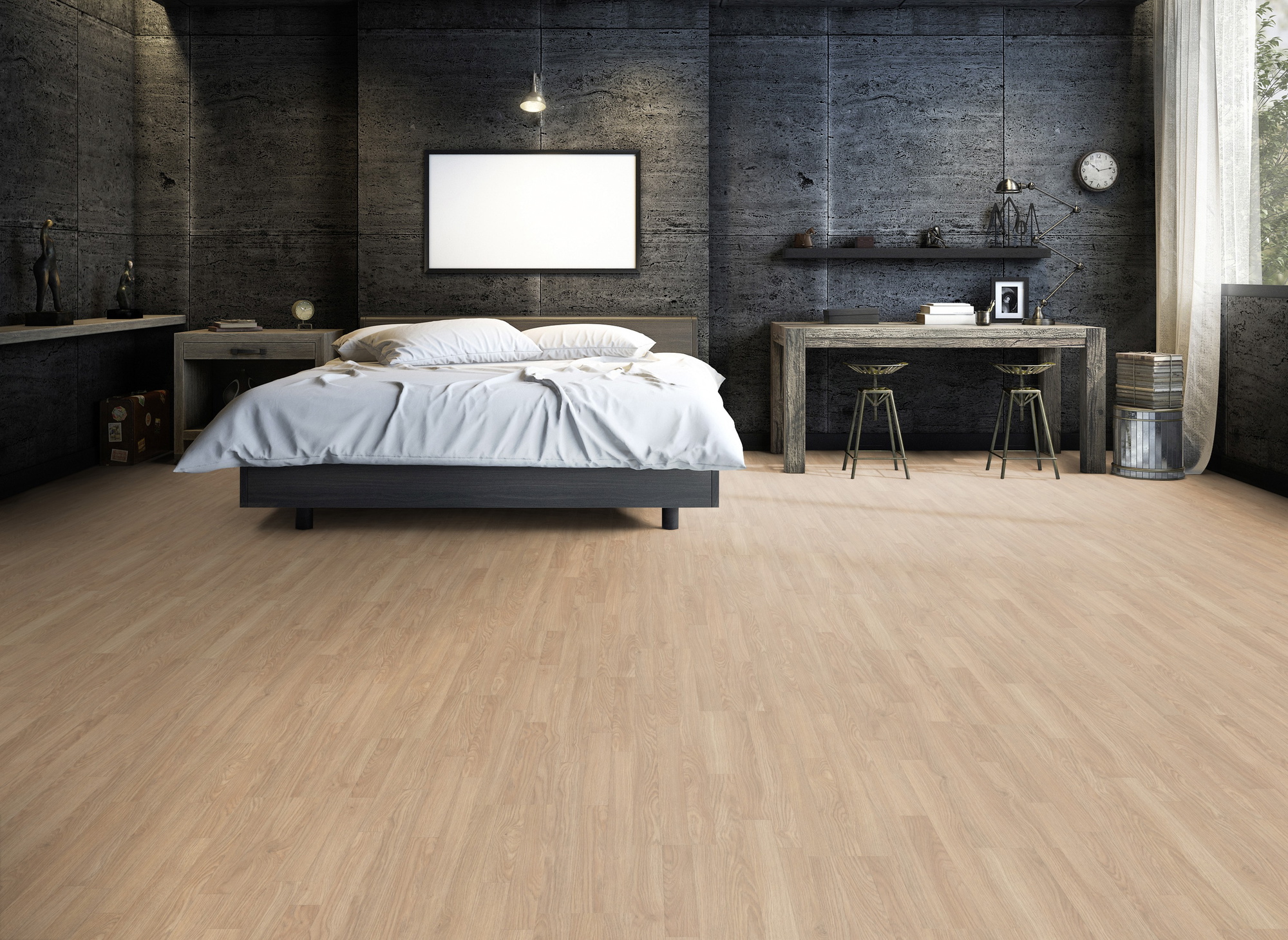 Milieubild Großzügiges Schafzimmer mit Steinwand - Friends by ter Hürne Laminat Eiche Miguel Milieubild Großzügiges Schafzimmer mit Steinwand - Friends by ter Hürne 1188020015