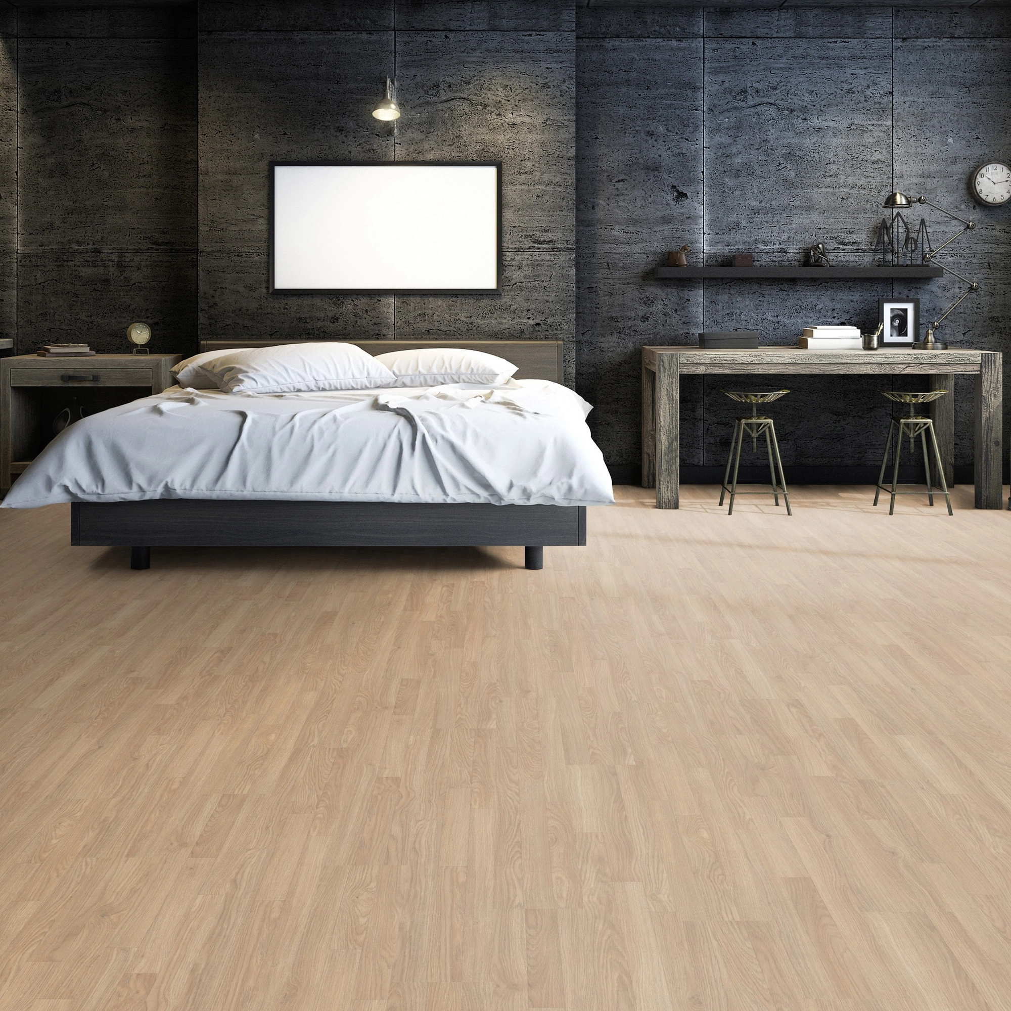 Milieubild Großzügiges Schafzimmer mit Steinwand - Friends by ter Hürne Laminat Eiche Miguel Milieubild Großzügiges Schafzimmer mit Steinwand - Friends by ter Hürne 1188020015