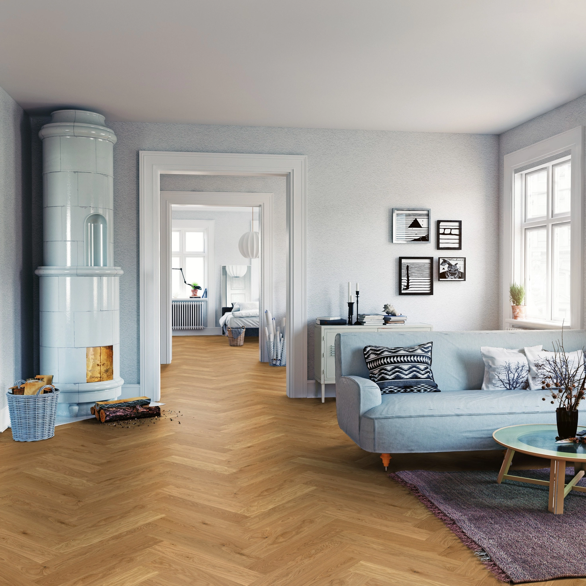 Milieubild Wohnzimmer mit Sofa und Kachelofen - ter Hürne Parkett Estate Collection OLIO Eiche Jordaan Milieubild Wohnzimmer mit Sofa und Kachelofen - ter Hürne 1101312669