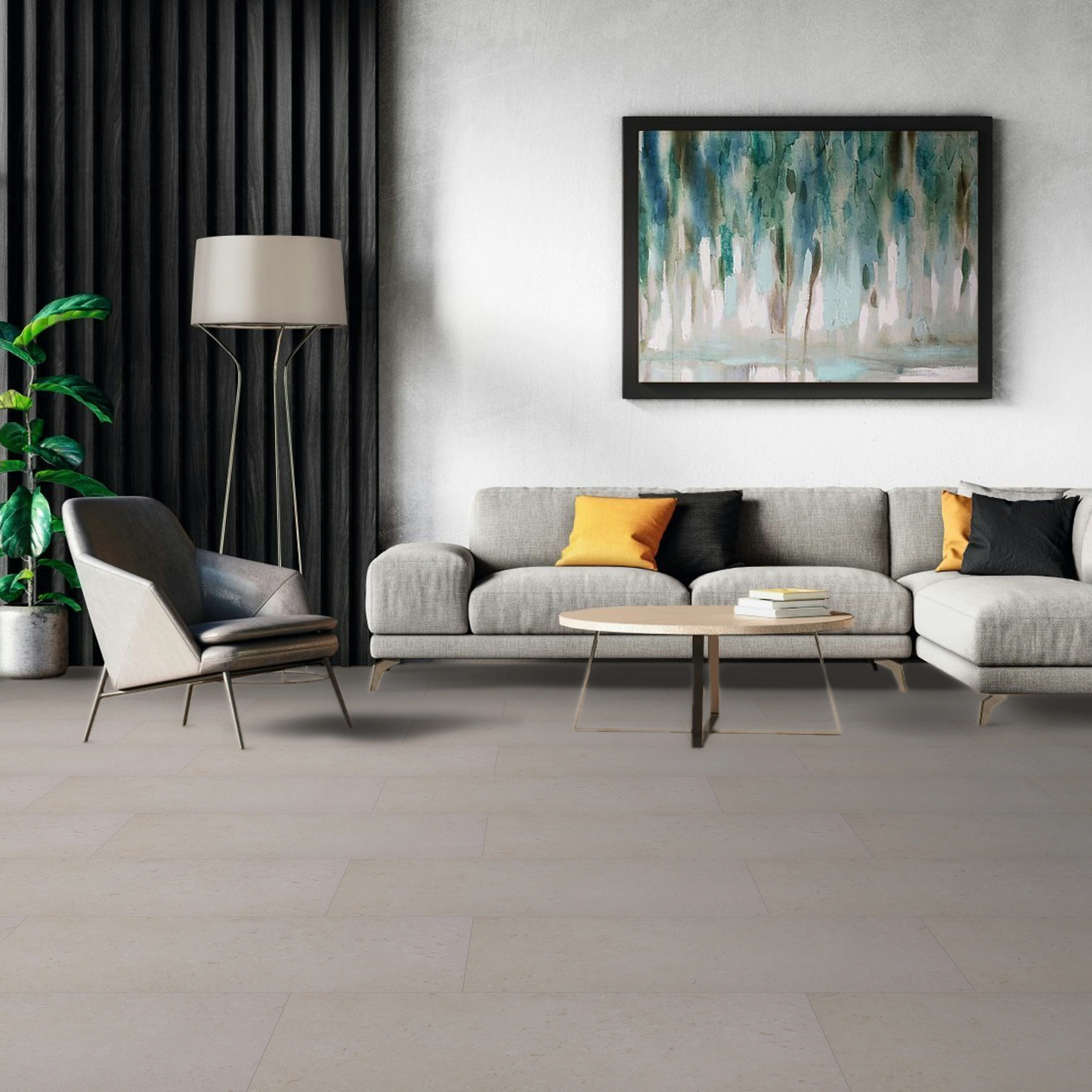 Milieubild Modernes Wohnzimmer mit Sessel und Sofa - BerryAlloc Klebe-Vinyl Zenn Gluedown 55 Delhi Milieubild Modernes Wohnzimmer mit Sessel und Sofa - BerryAlloc 60002258