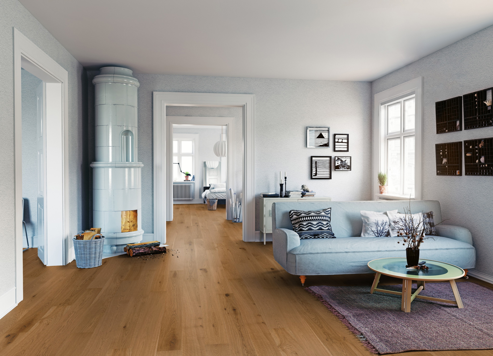 Milieubild Wohnzimmer mit Sofa und Kachelofen - ter Hürne Parkett Tailored Collection Eiche Saint-Emilion Milieubild Wohnzimmer mit Sofa und Kachelofen - ter Hürne 1101312476