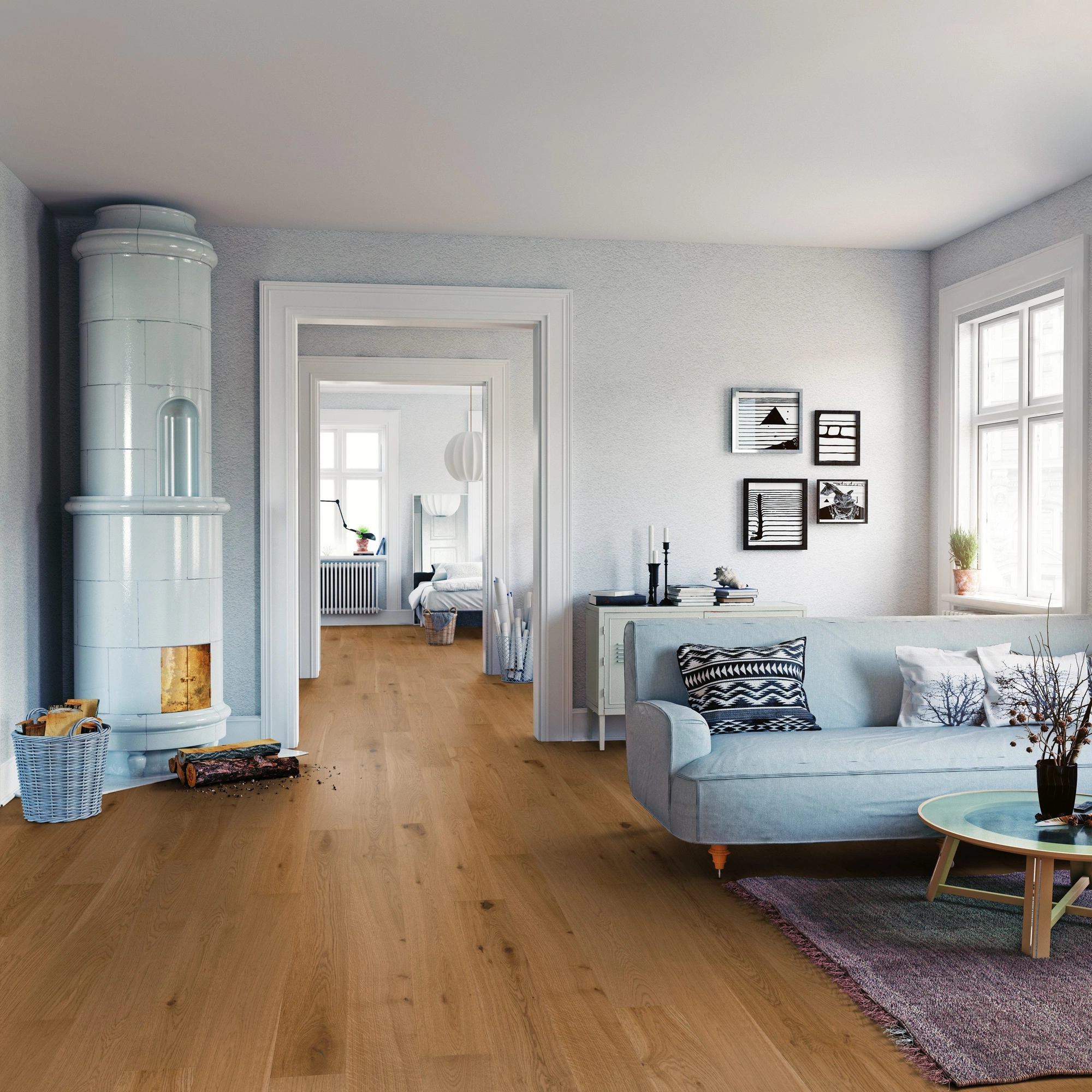 Milieubild Wohnzimmer mit Sofa und Kachelofen - ter Hürne Parkett Tailored Collection Eiche Saint-Emilion Milieubild Wohnzimmer mit Sofa und Kachelofen - ter Hürne 1101312476