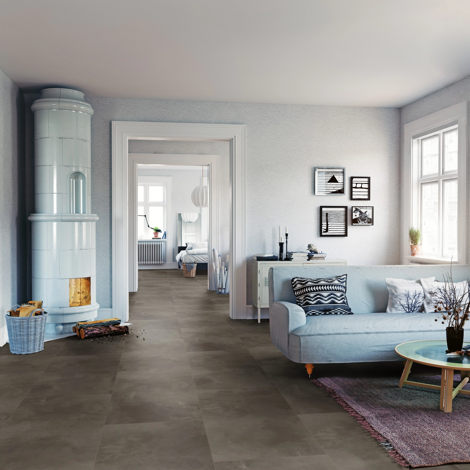 Milieubild Wohnzimmer mit Sofa und Kachelofen - ter Hürne Klebe-Designboden Avatara Pro Stone Edition Stein Orion Milieubild Wohnzimmer mit Sofa und Kachelofen - ter Hürne 1101270306