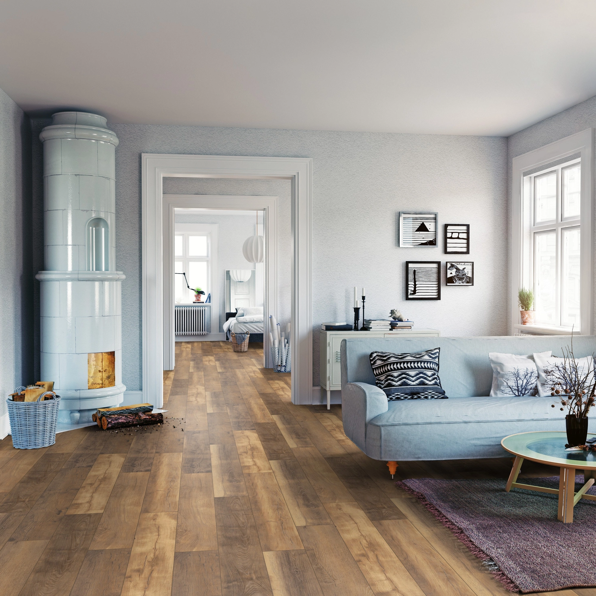 Milieubild Wohnzimmer mit Sofa und Kachelofen - ter Hürne Klick-Designboden Dureco Strong Classic Edition Eiche Malibu Milieubild Wohnzimmer mit Sofa und Kachelofen - ter Hürne 1101260044