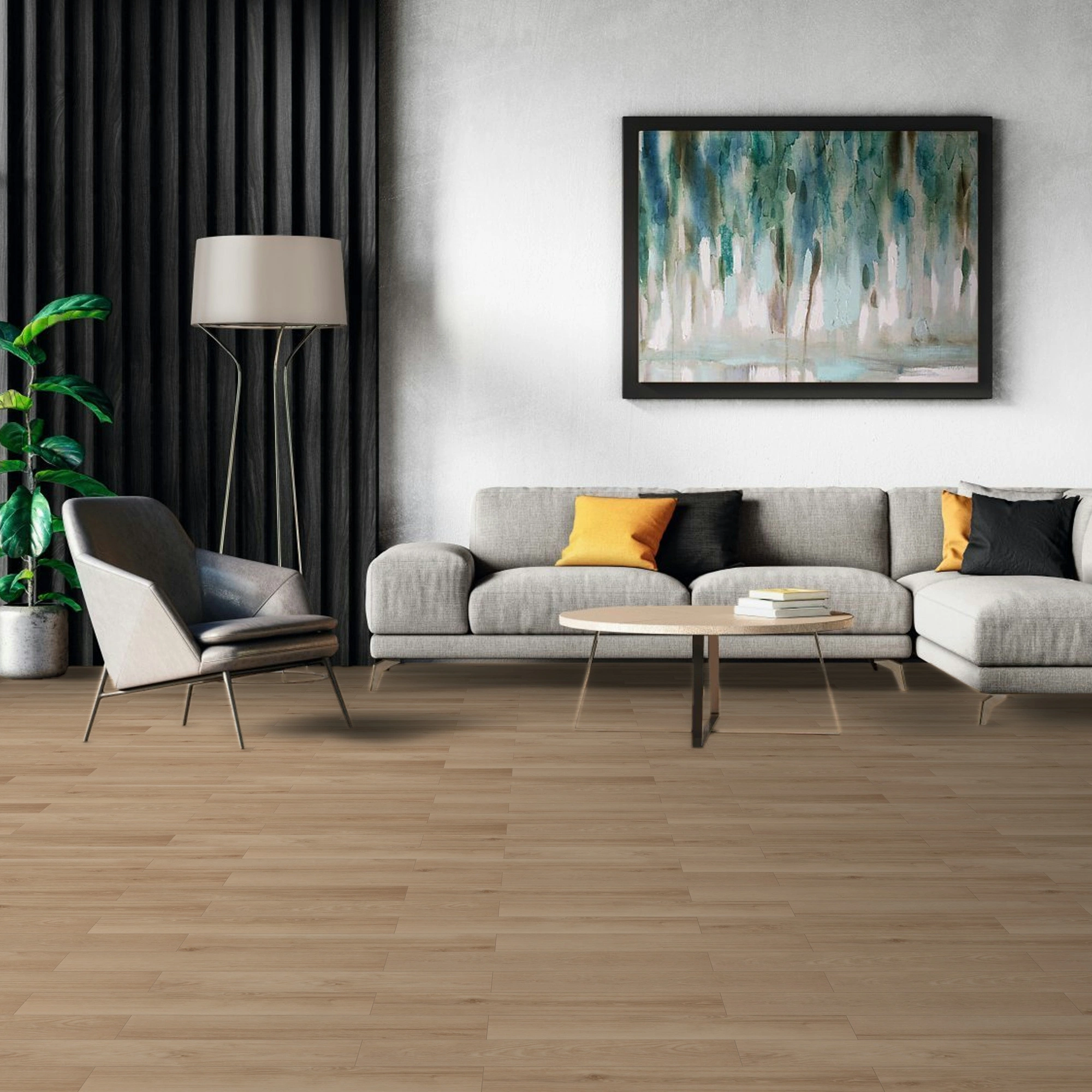 Milieubild Modernes Wohnzimmer mit Sessel und Sofa - BerryAlloc Klebe-Vinyl Zenn Gluedown 55 Herringbone Orlando Milieubild Modernes Wohnzimmer mit Sessel und Sofa - BerryAlloc 60002264