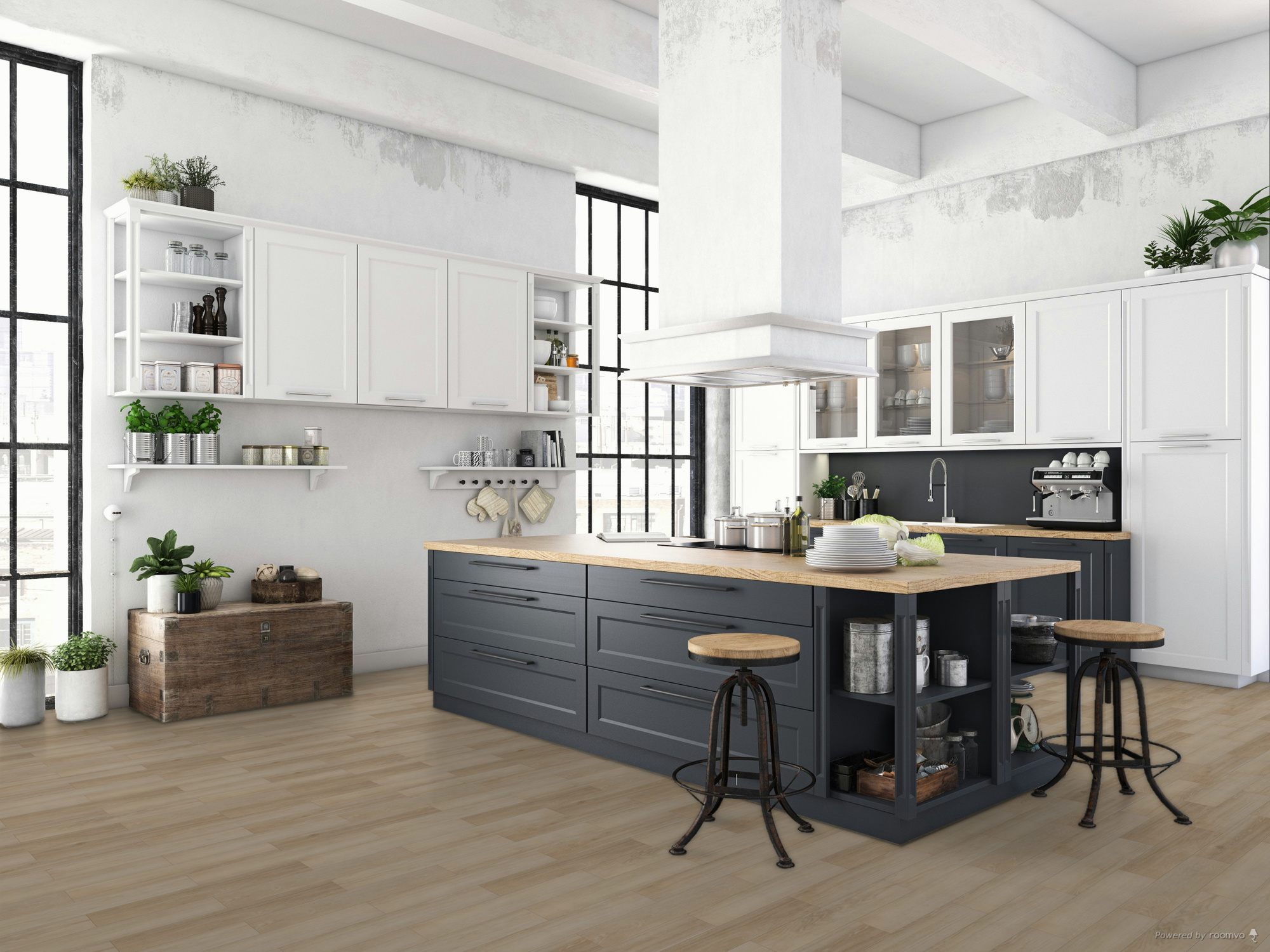 Milieubild Küche mit Küchenblock im englischen Stil - BerryAlloc Klebe-Vinyl Zenn Gluedown 55 Herringbone Sorrento Milieubild Küche mit Küchenblock im englischen Stil - BerryAlloc 60002262