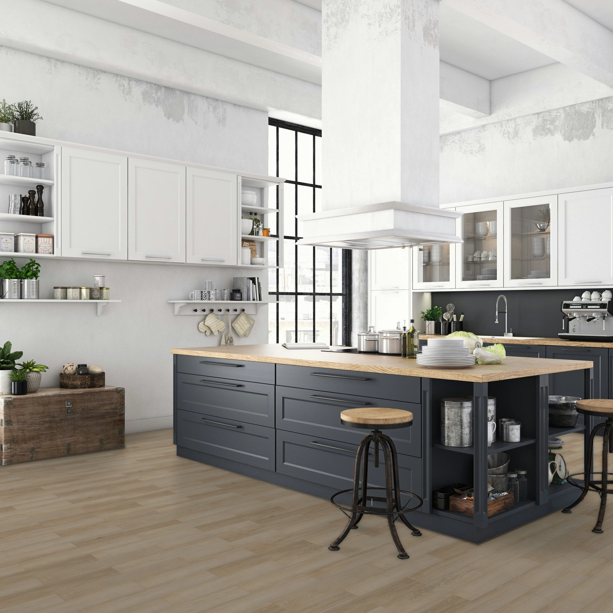 Milieubild Küche mit Küchenblock im englischen Stil - BerryAlloc Klebe-Vinyl Zenn Gluedown 55 Herringbone Sorrento Milieubild Küche mit Küchenblock im englischen Stil - BerryAlloc 60002262