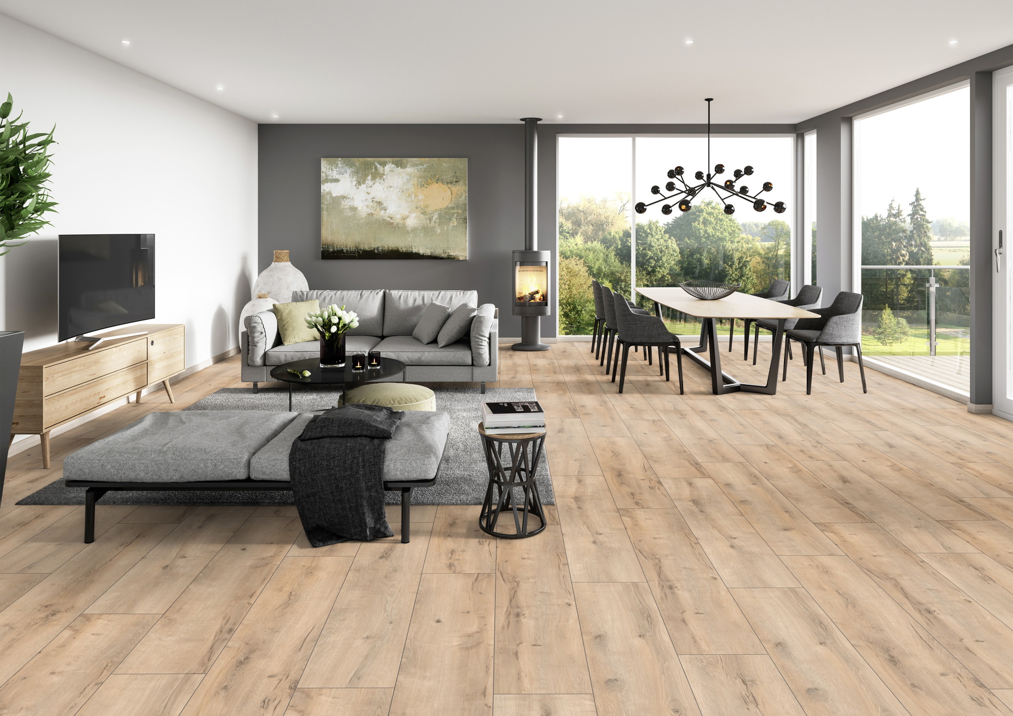 Milieubild Modernes Wohnzimmer mit Essbereich - ter Hürne Laminat Trend Edition Eiche Urban Milieubild Modernes Wohnzimmer mit Essbereich - ter Hürne 1101021824
