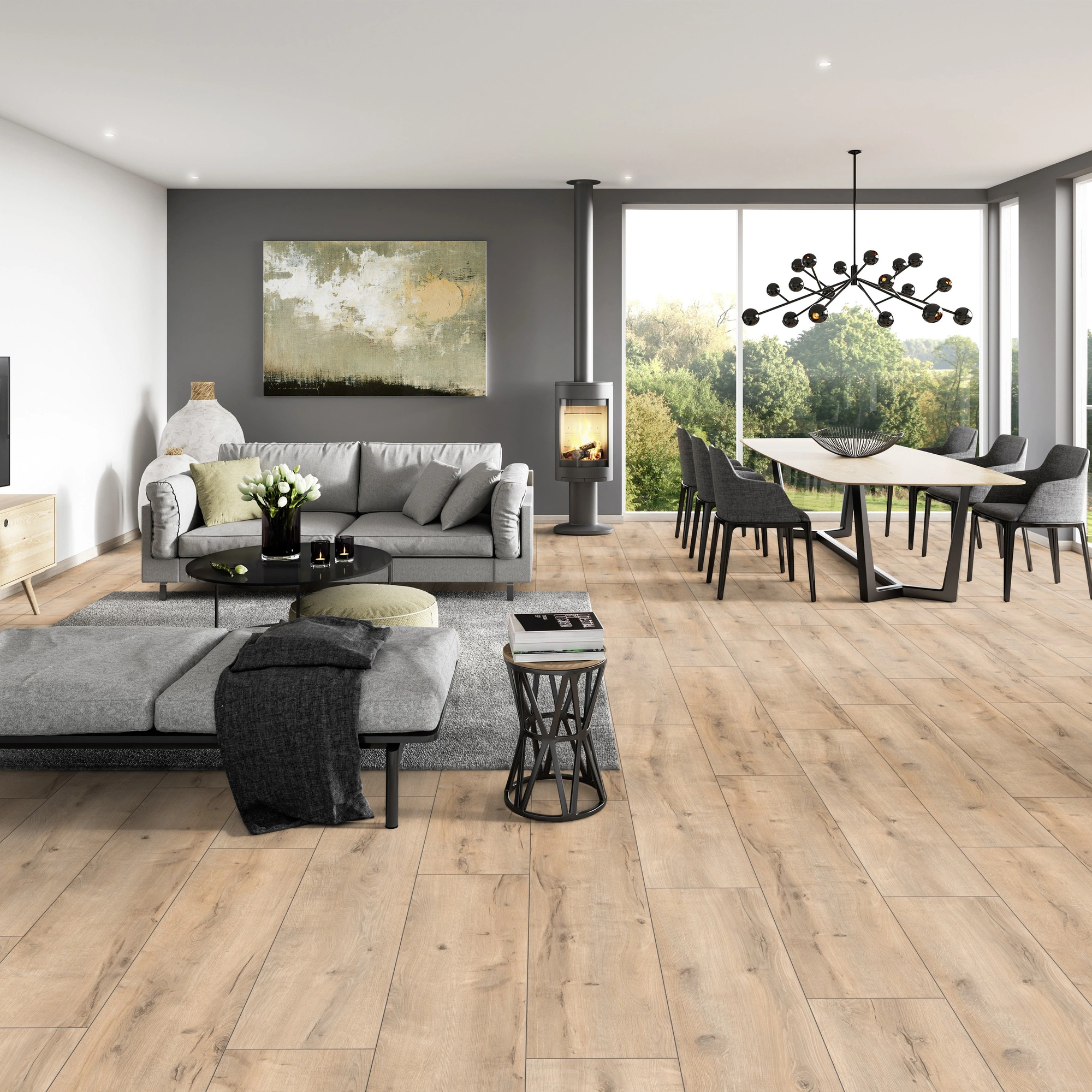 Milieubild Modernes Wohnzimmer mit Essbereich - ter Hürne Laminat Trend Edition Eiche Urban Milieubild Modernes Wohnzimmer mit Essbereich - ter Hürne 1101021824