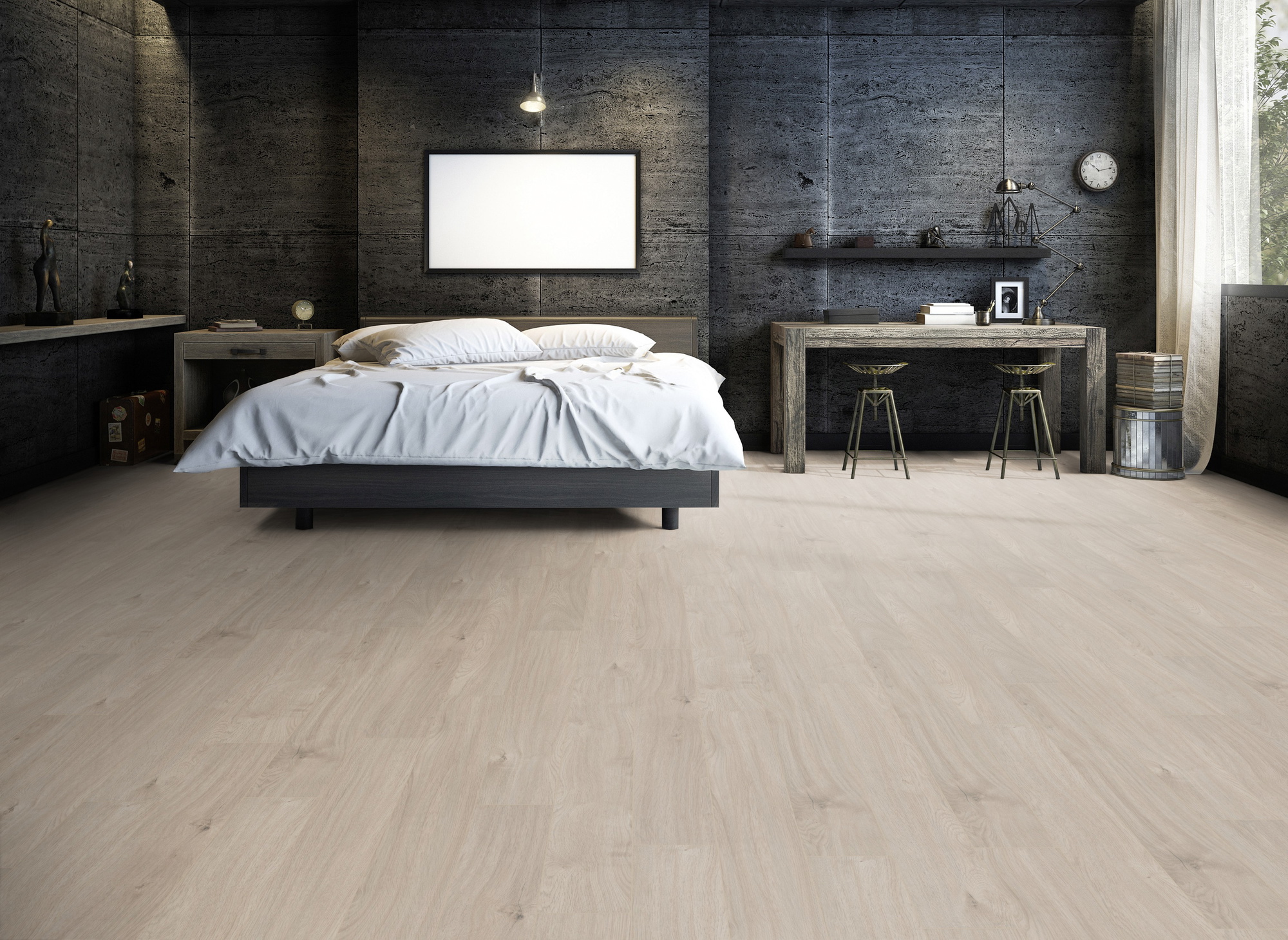 Milieubild Großzügiges Schafzimmer mit Steinwand - Friends by ter Hürne Laminat Eiche Violeta Milieubild Großzügiges Schafzimmer mit Steinwand - Friends by ter Hürne 1188020018