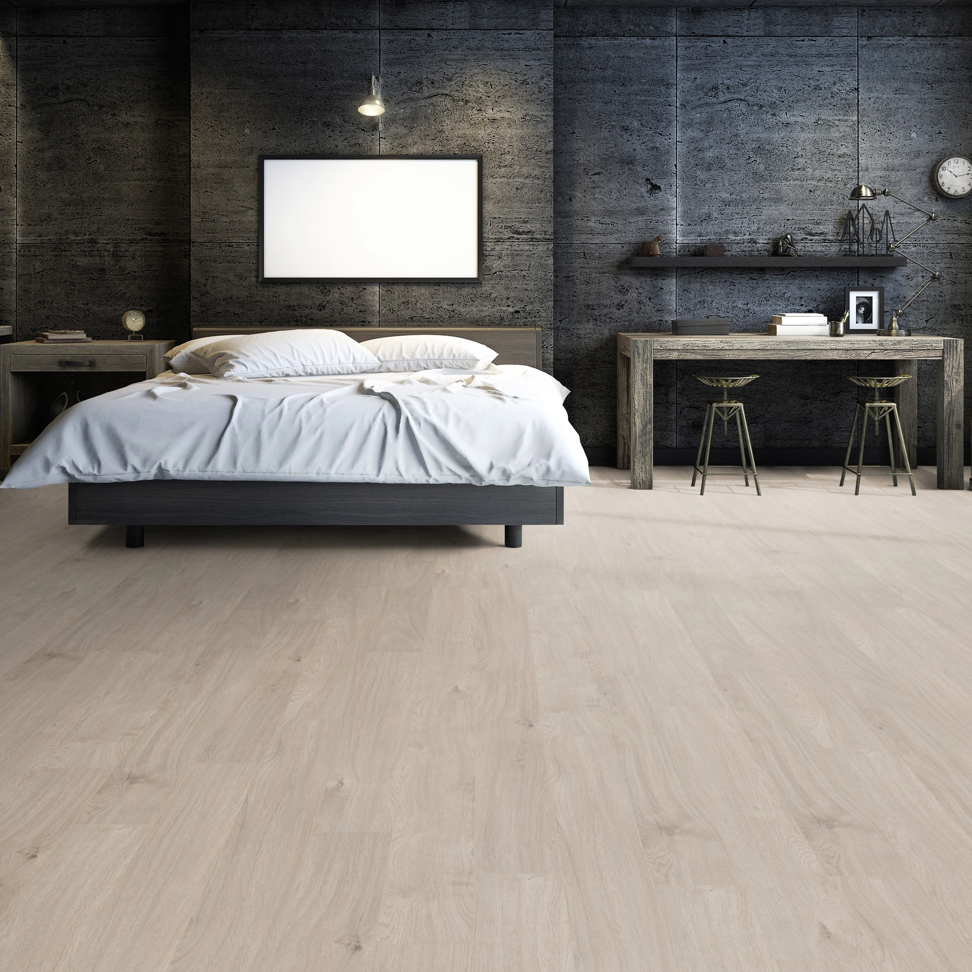Milieubild Großzügiges Schafzimmer mit Steinwand - Friends by ter Hürne Laminat Eiche Violeta Milieubild Großzügiges Schafzimmer mit Steinwand - Friends by ter Hürne 1188020018