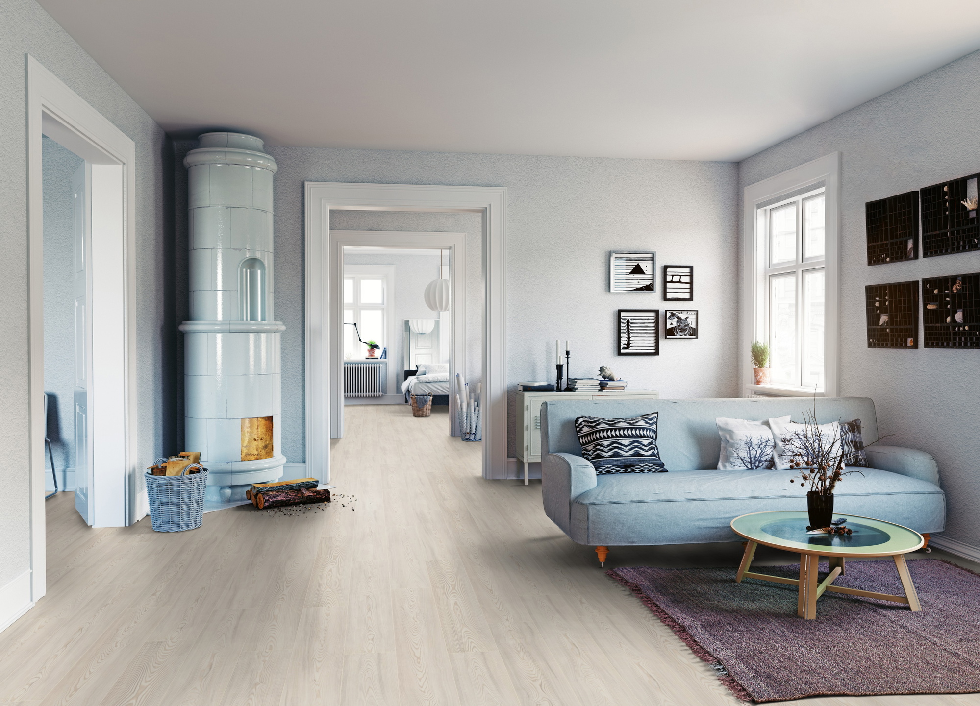 Milieubild Wohnzimmer mit Sofa und Kachelofen - ter Hürne Klick-Designboden Dureco Strong Classic Edition Lärche Bornholm Milieubild Wohnzimmer mit Sofa und Kachelofen - ter Hürne 1101260040