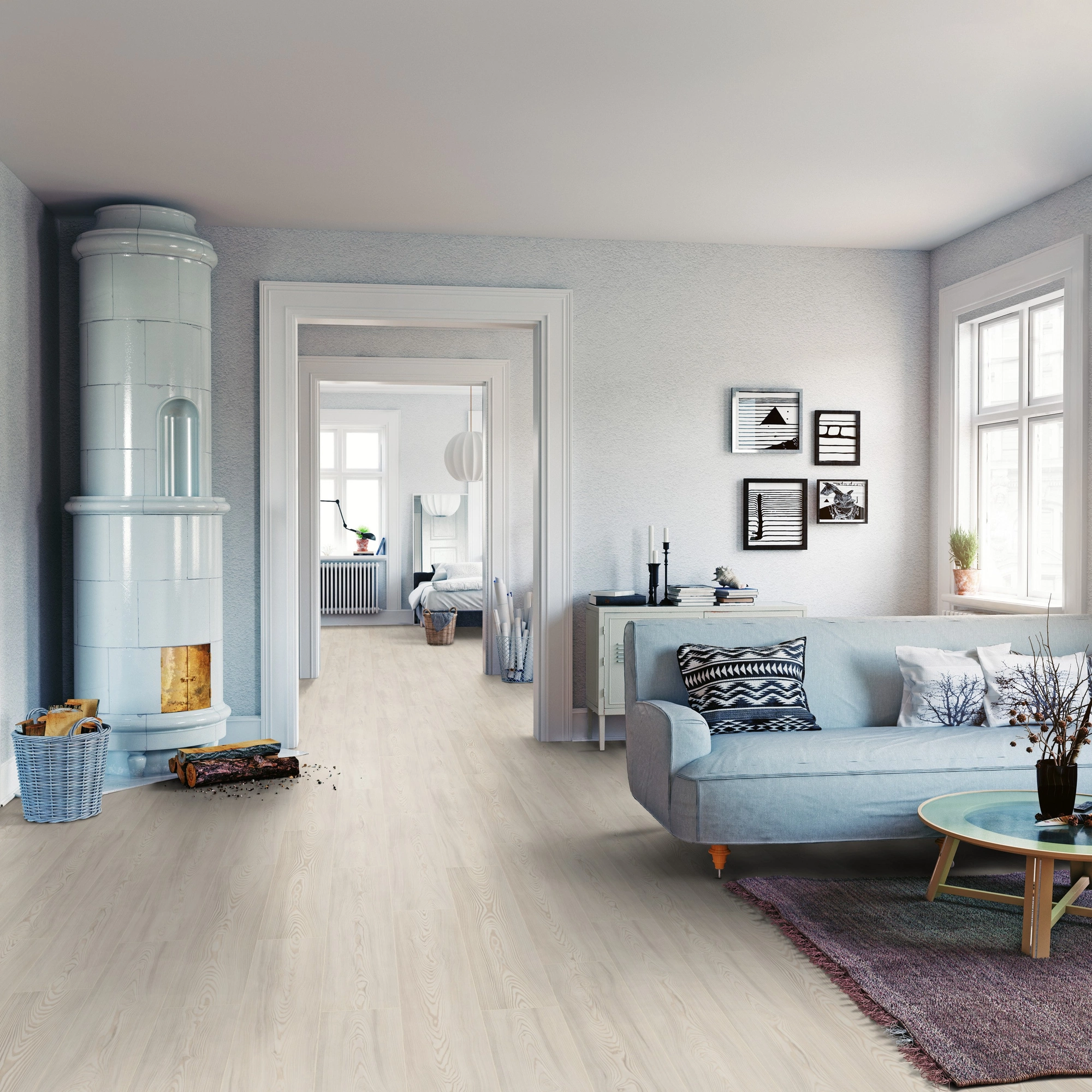 Milieubild Wohnzimmer mit Sofa und Kachelofen - ter Hürne Klick-Designboden Dureco Strong Classic Edition Lärche Bornholm Milieubild Wohnzimmer mit Sofa und Kachelofen - ter Hürne 1101260040