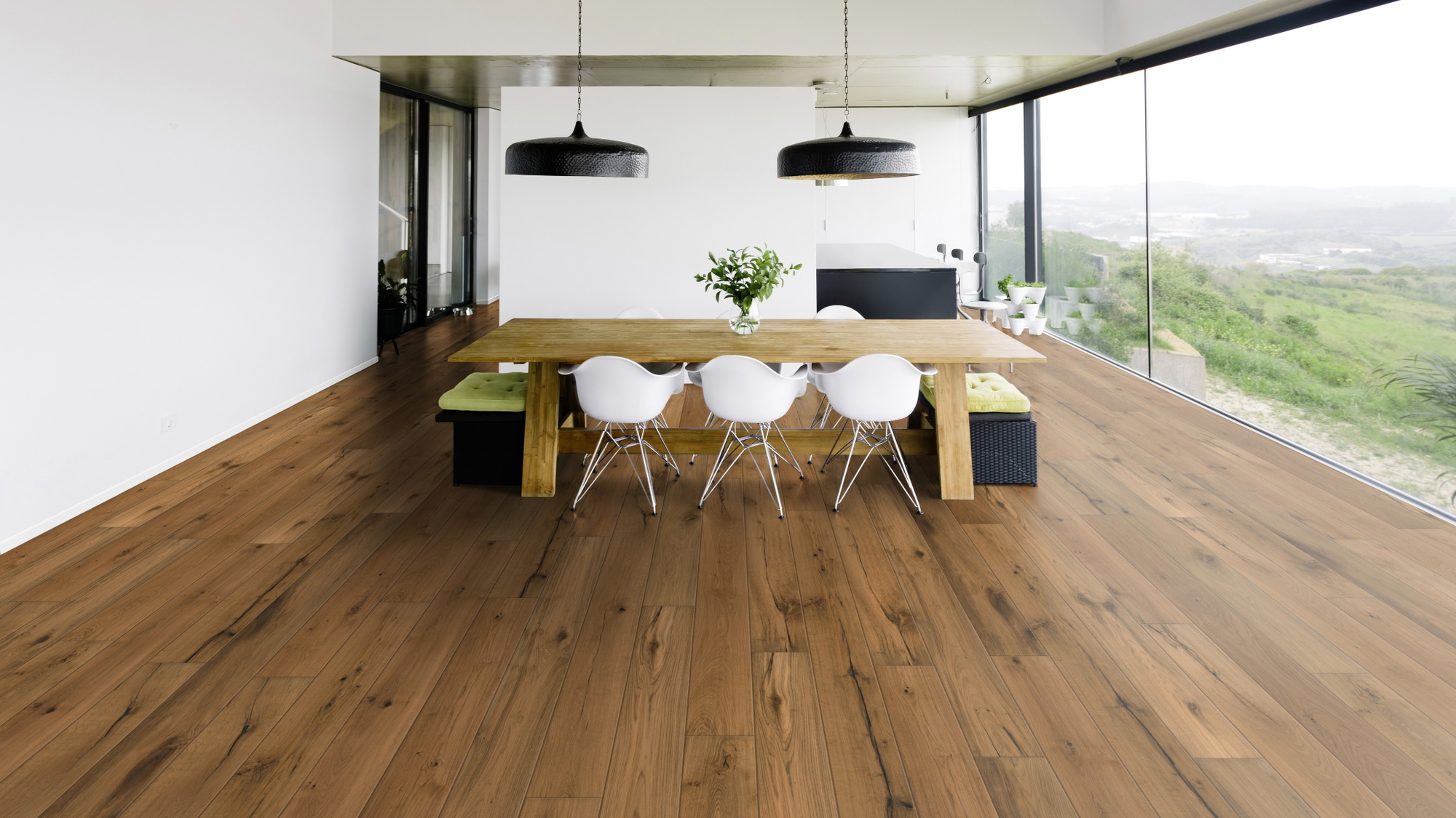 Milieubild Modernes Esszimmer mit Blick in die Natur - Bennett & Jones Parkett Britain's Finest Oak No.13 Mortimer Milieubild Modernes Esszimmer mit Blick in die Natur - Bennett & Jones 1148011912