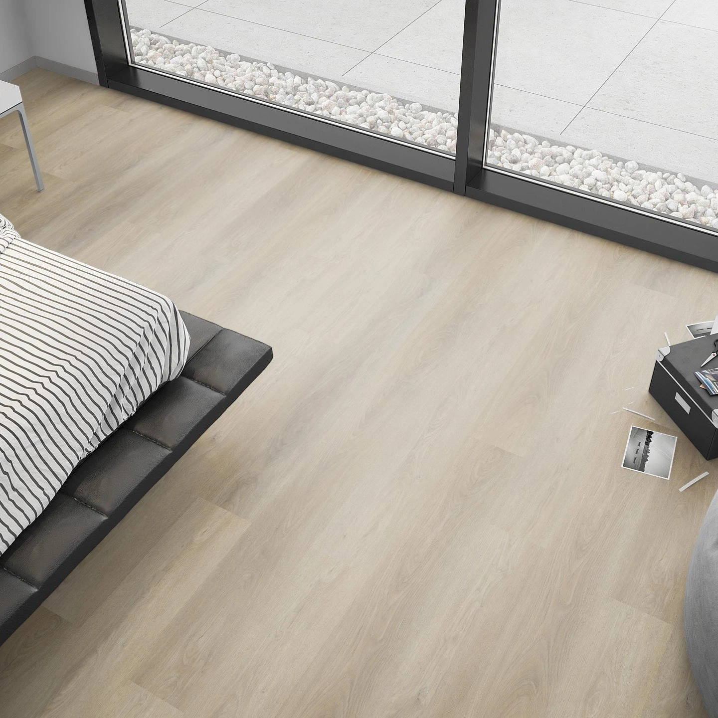 Milieubild Schlafzimmer mit Sitzkissen - nexflor Rigid Klick-Vinyl Apollo Click Collection Crete Oak Milieubild Schlafzimmer mit Sitzkissen - nexflor NXF-60030-017