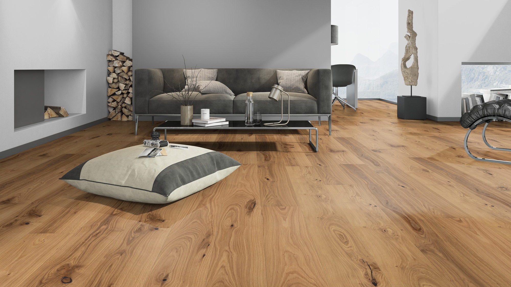 Milieubild Modernes Wohnzimmer mit Kamin - Admonter Parkett FLOORs Eiche Rustic Milieubild Modernes Wohnzimmer mit Kamin - Admonter 106189
