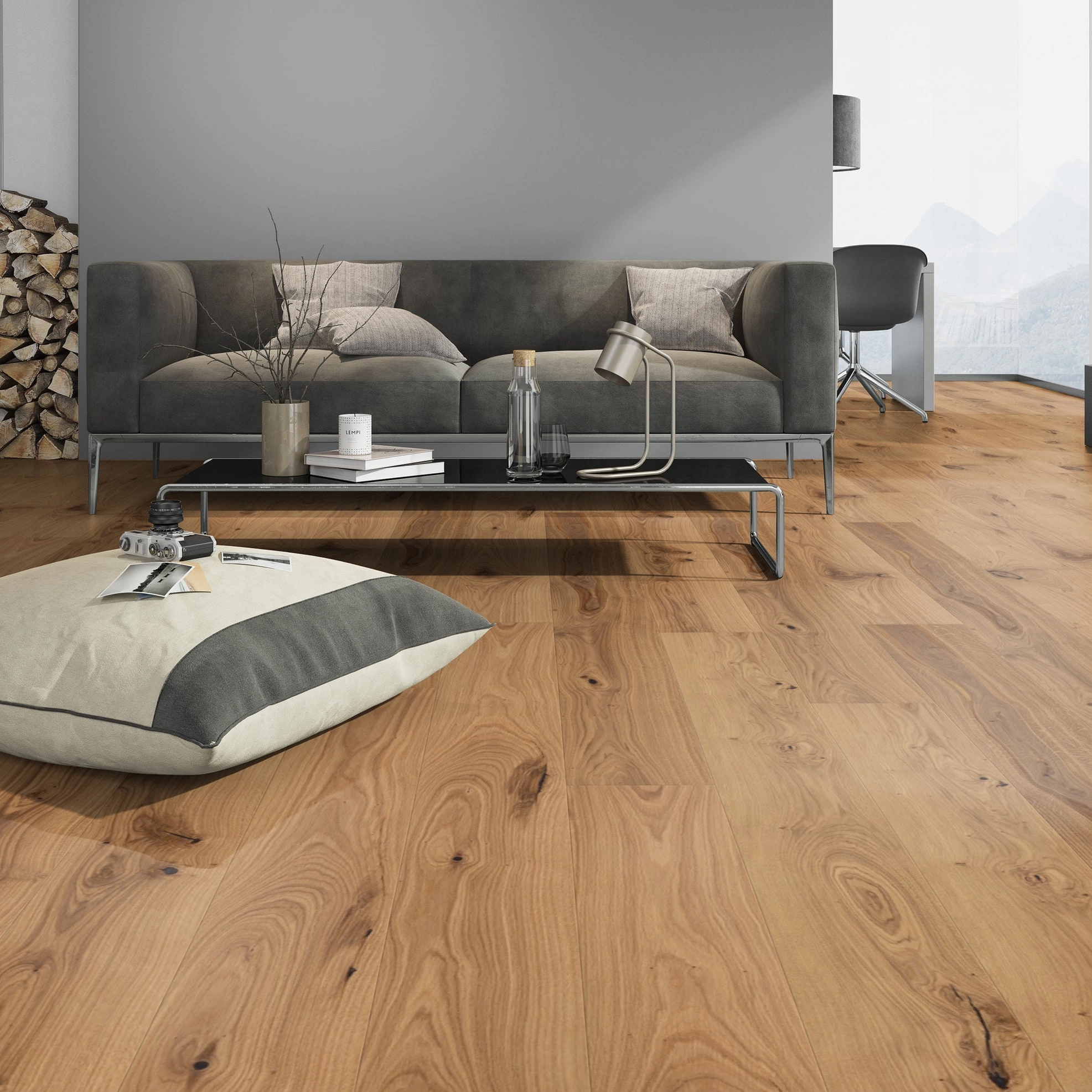 Milieubild Modernes Wohnzimmer mit Kamin - Admonter Parkett FLOORs Eiche Rustic Milieubild Modernes Wohnzimmer mit Kamin - Admonter 106189