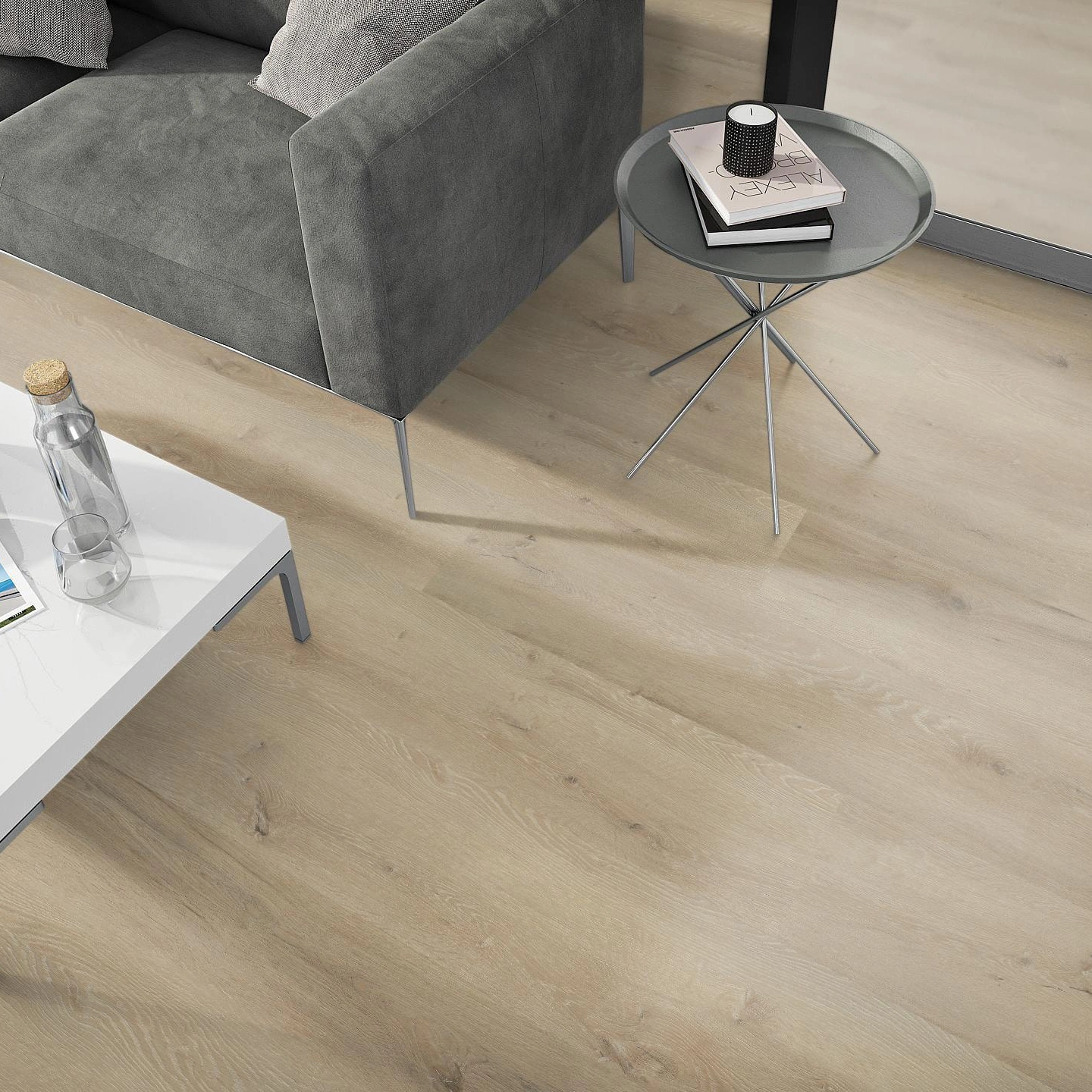 Milieubild Wohnzimmer - Sofa mit Beistelltisch und Glastür - nexflor Rigid Klick-Vinyl Helios Click Collection Ithaca Oak Milieubild Wohnzimmer - Sofa mit Beistelltisch und Glastür - nexflor NXF-20030-007