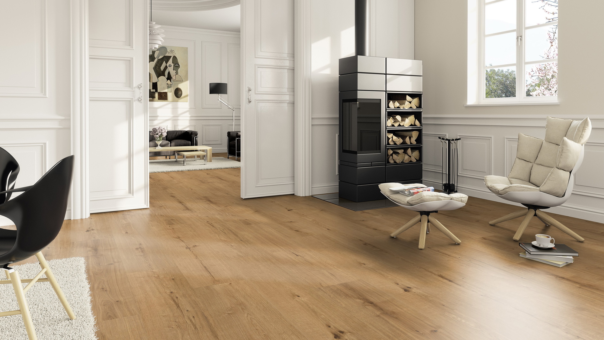 Milieubild Wohnzimmer im Landhaus-Stil mit Kamin - ter Hürne Klebe-Designboden Avatara Pro Classic Edition Eiche Askella Milieubild Wohnzimmer im Landhaus-Stil mit Kamin - ter Hürne 1101270109