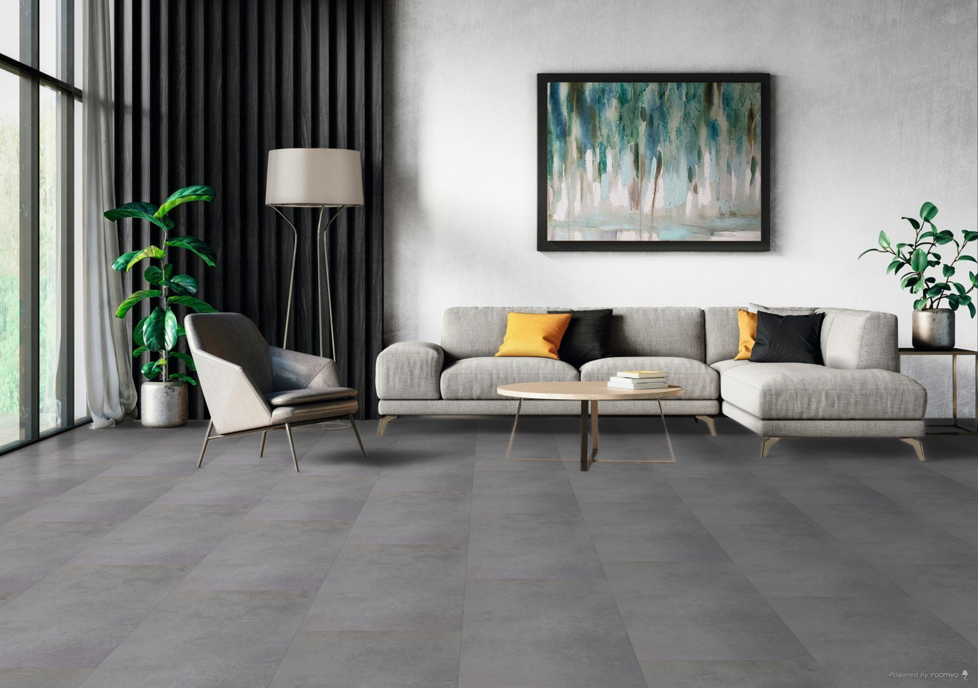 Milieubild Modernes Wohnzimmer mit Sessel und Sofa - BerryAlloc Klebe-Vinyl Zenn Gluedown 55 Fuji Milieubild Modernes Wohnzimmer mit Sessel und Sofa - BerryAlloc 60002261