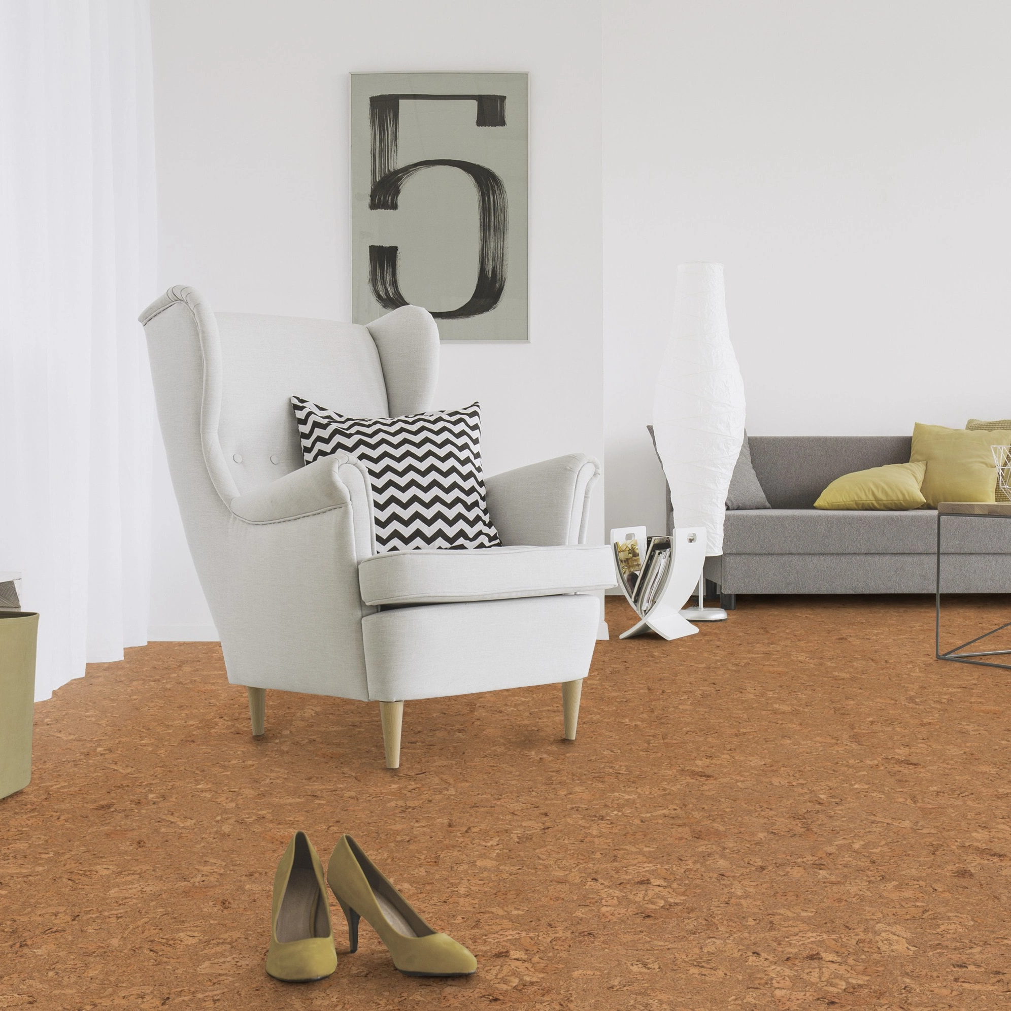 Milieubild Wohnzimmer mit Sessel und Sofa - Wicanders HDF Klick-Korkboden cork Essence Originals Dawn Milieubild Wohnzimmer mit Sessel und Sofa - Wicanders 80002244