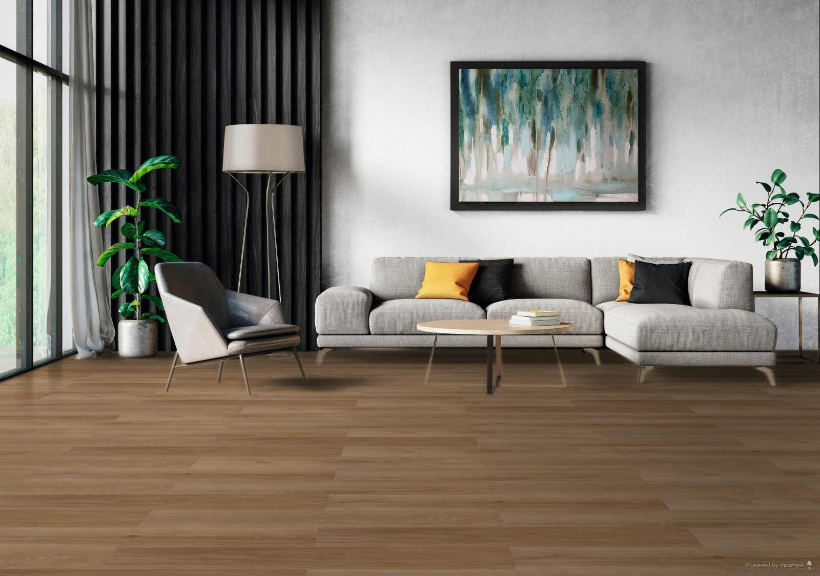 Milieubild Modernes Wohnzimmer mit Sessel und Sofa - BerryAlloc Klebe-Vinyl Zenn Gluedown 30 Monsanto Milieubild Modernes Wohnzimmer mit Sessel und Sofa - BerryAlloc 60002218